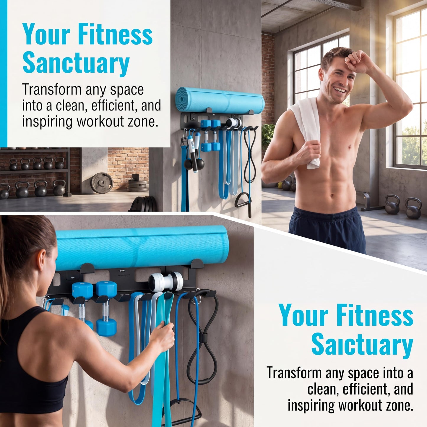 Heavy-Duty Metal Gym Storage Rack, Wall-Mounted Multi-Purpose Home Gym Organizer for Yoga Mat, Resistance Bands, Jump Ropes, Weight Belts - Space-Saving Garage Gym Storage with Removable Hooks