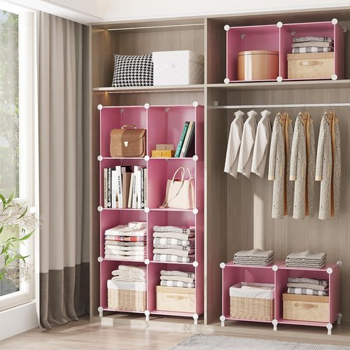 AWTATOS Cube Storage Organizer - Portable DIY Stackable Closet Shelves for Kids - 6 Pink Cubes