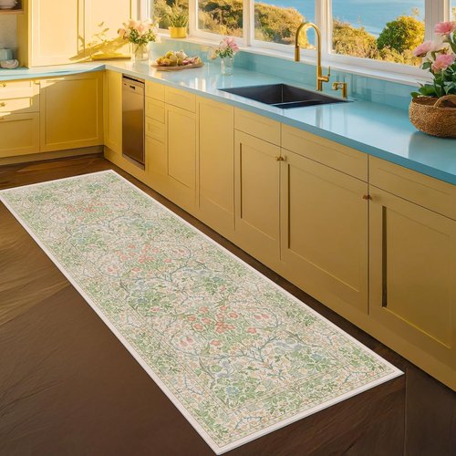Hazo Haus Non-Slip Bathroom Runner Rug - Vintage Floral Design | Washable 24 x 72 Inch Beige Green Mat