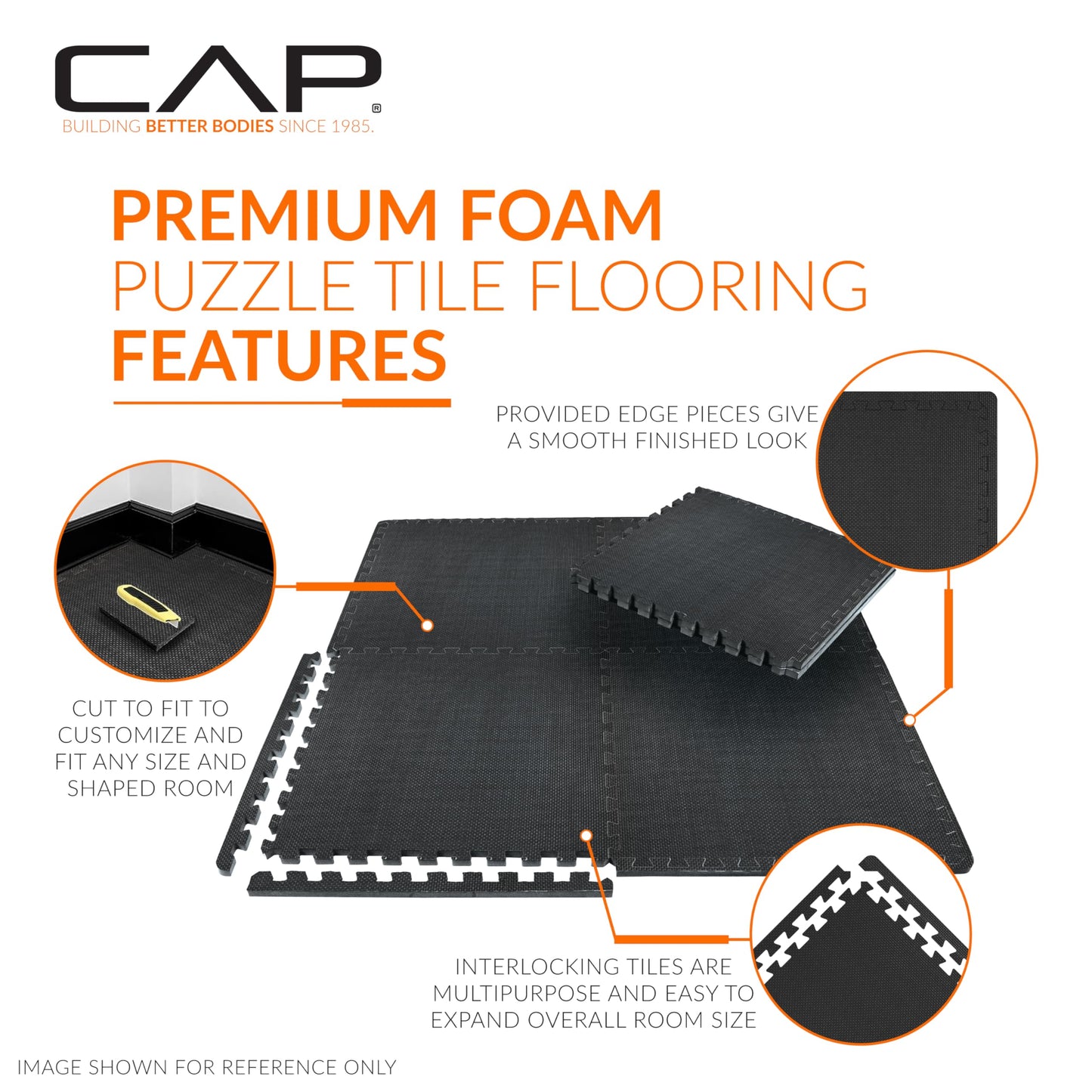 CAP Barbell 1/2-Inch Interlocking EVA Foam Exercise Puzzle Mat Home Gym Flooring - 3 Pack | 24" x 24" x 1/2" | T Pattern - Black