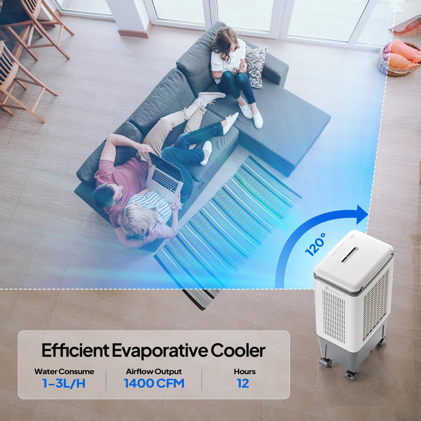 ROVSUN 1400CFM Evaporative Air Cooler, 5.2 Gal Portable Swamp Cooler with Auto Oscillating, Remote, 3 Speeds, 12H Timer & 4 Ice Packs, 3-IN-1 Humidifying Cooling Fan Indooor Patio Garage