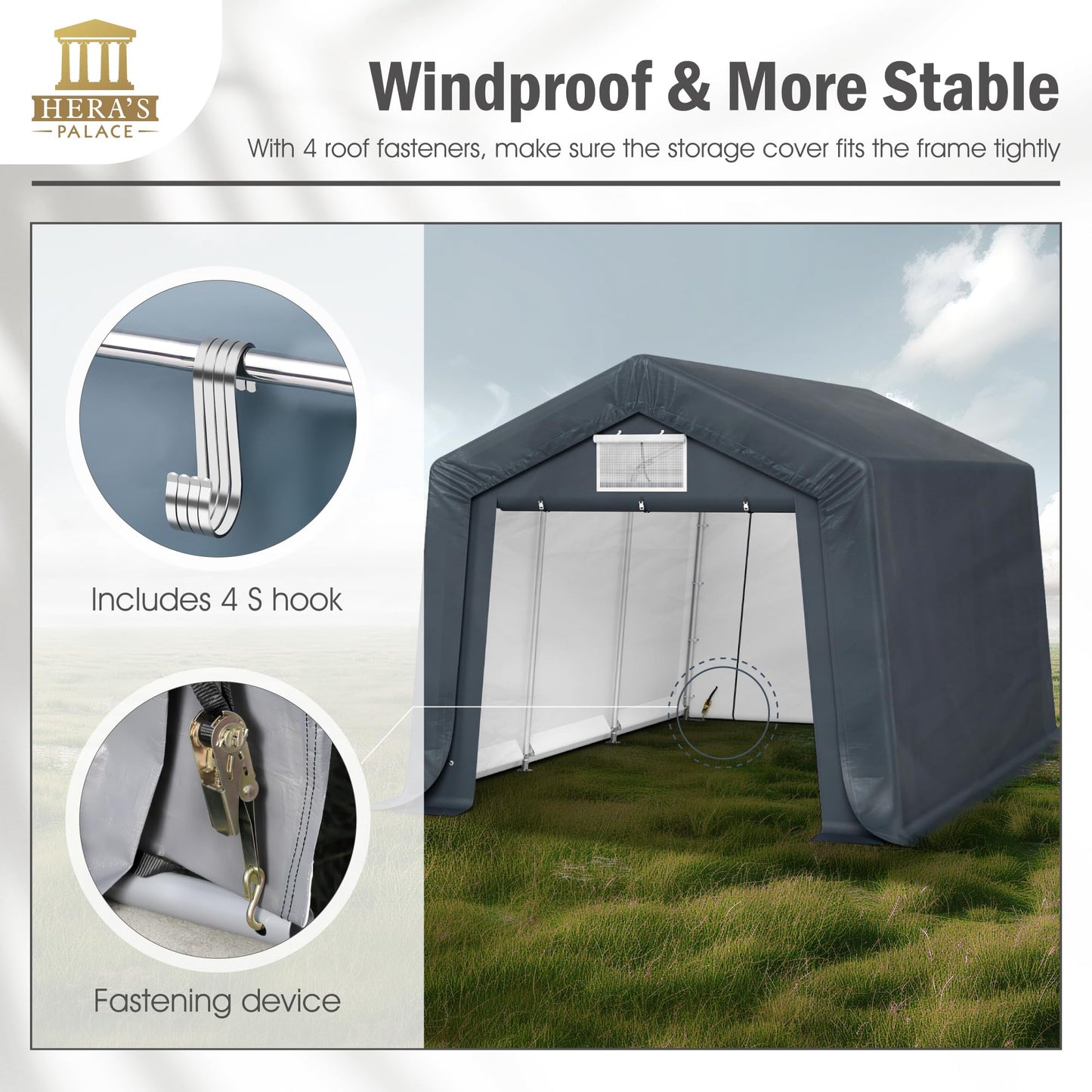 HERA'S PALACE 10x15ft Heavy Duty Carport Storage Shed Outdoor Anti-Snow Portable Canopy Shelter with 2 Doors Garage Tent for Motorcycle Garden Tools