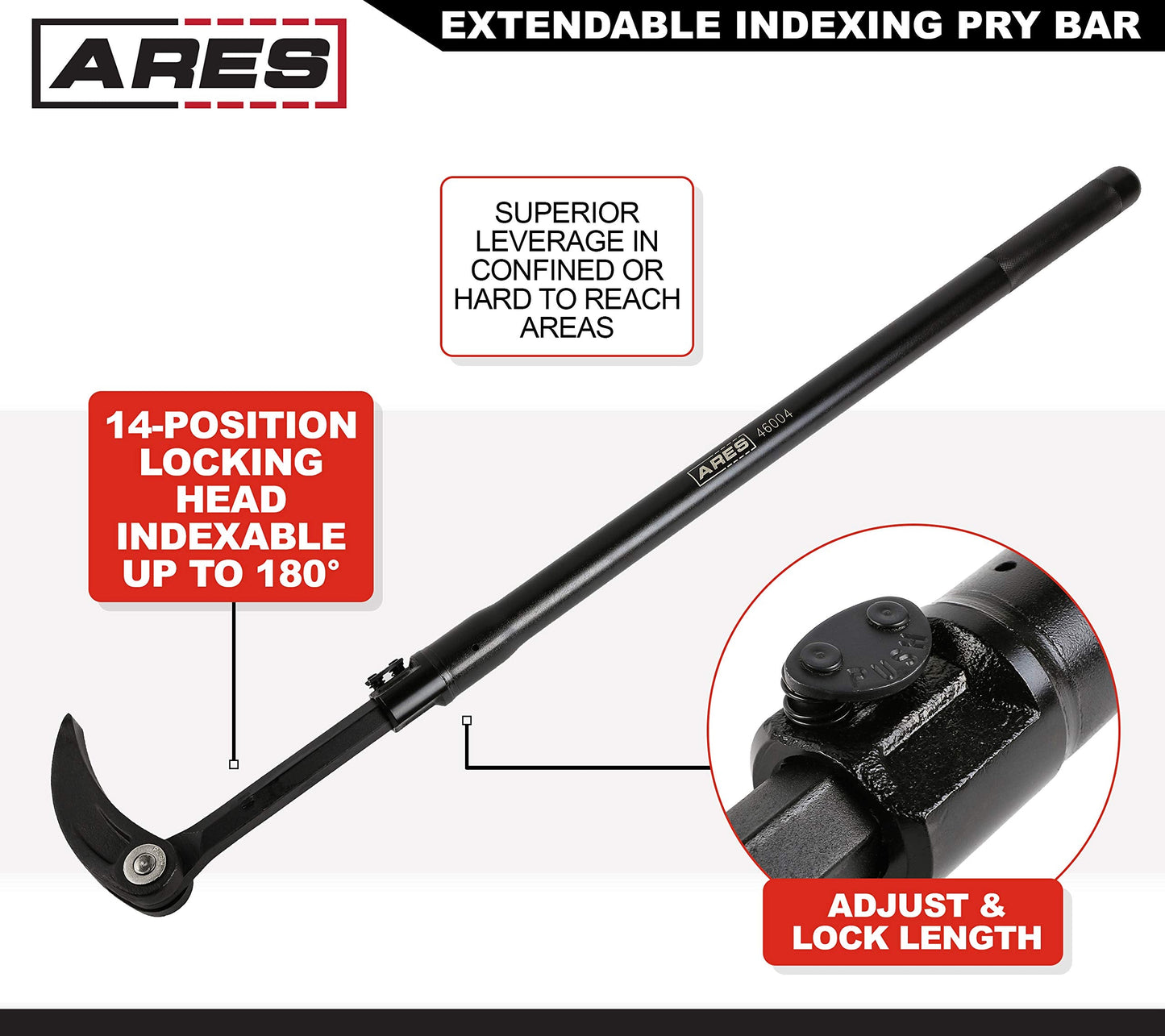 ARES 46004-29-48-Inch Extendable Indexing Pry Bar - Telescoping Heavy Duty Pry Bar - 14-Position 180° Rotating Head, Grooved Tip, Chrome Vanadium Steel for Mechanics, Heavy Equipment