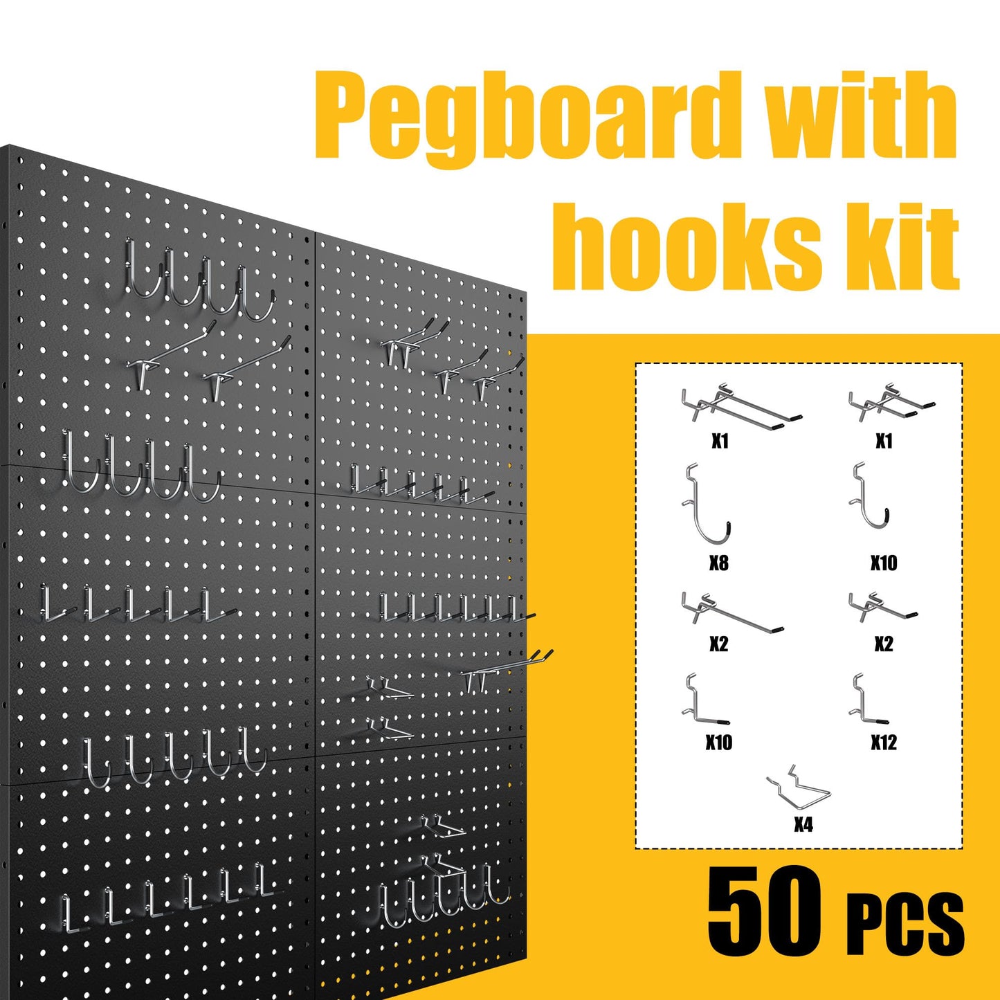 Spampur Peg Board, 6 Pack Metal Pegboard Panels Black Pegboards Wall Organizer with 50 Hooks, Heavy Duty Peg Board for Walls Home, Garage Tool Storage, Office Organization, Craft Room, Kitchen