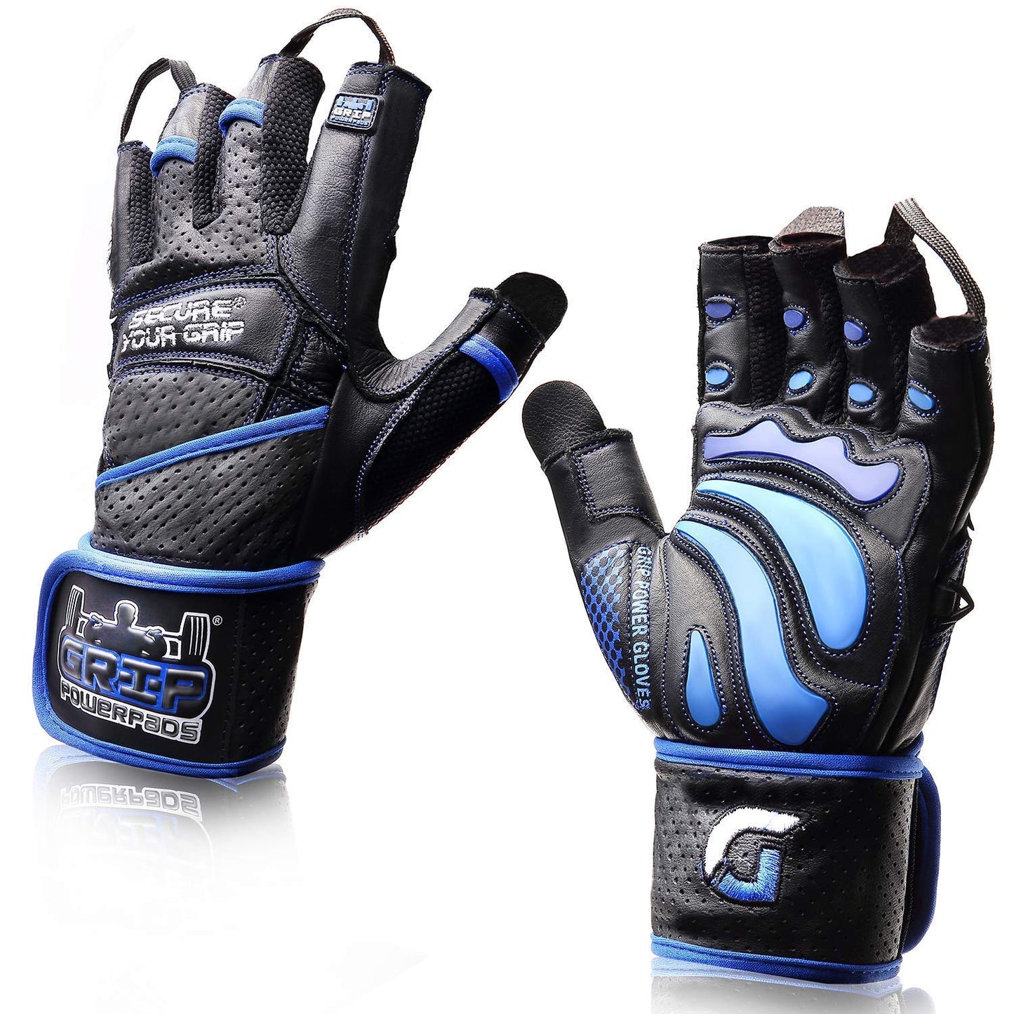Elite Leather Gym Gloves with Built in 2" Wide Wrist Wraps Grip & Design for Weightlifting Power Lifting Bodybuilding & Strength Training Workout Exercises (Blue, X-Small)