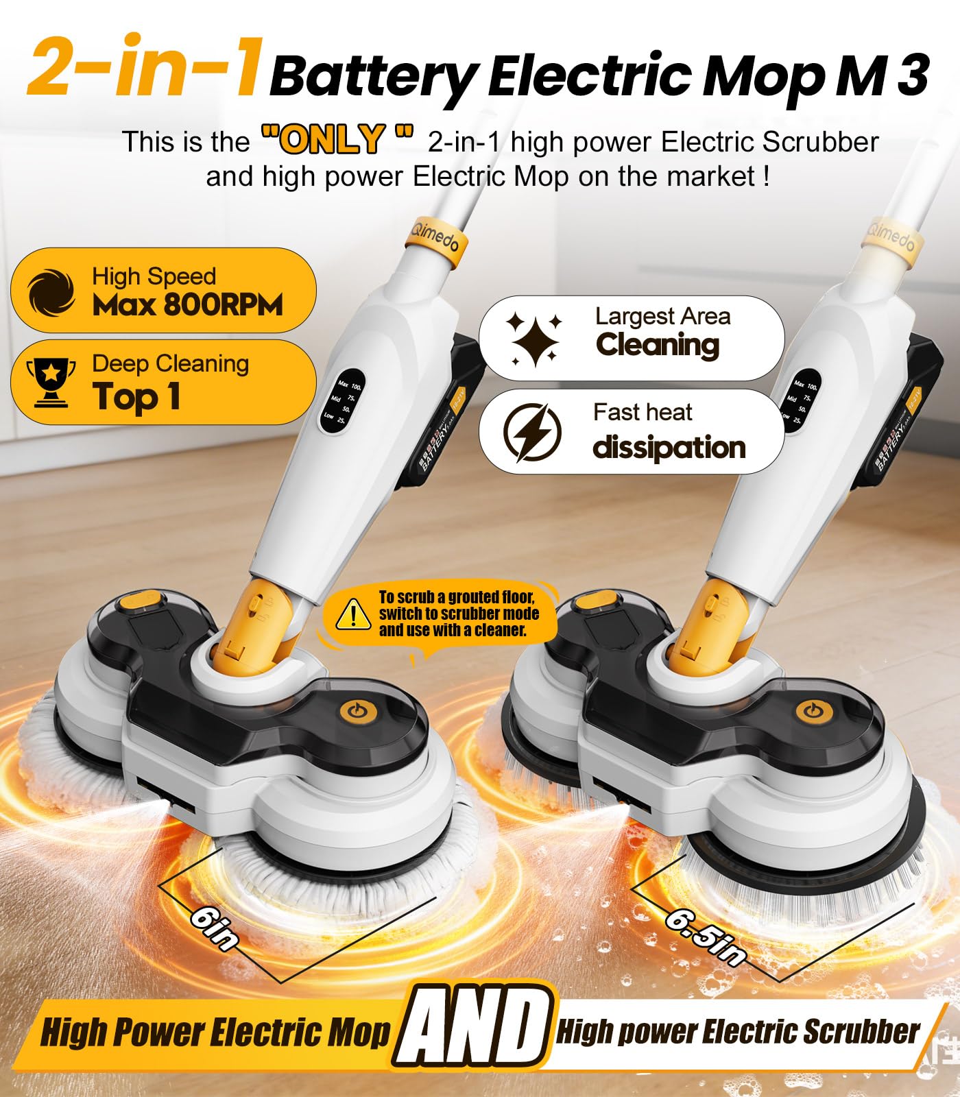 qimedo Battery Electric Mop M3, 800RPM Cordless Electric Power Scrubber & Mops for Floor Cleaning, Best Automatic Spin Mops with Smart Display,Rotating Mop with LED Light & Water Spray