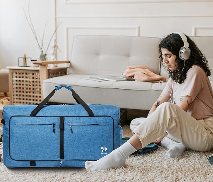 Bago Large Foldable Duffel Bags for Traveling Women & Men - 100L Packable Duffle Bag for Travel with Shoe Compartment - Water Repellant, Heavy Duty, Lightweight Folding & Collapsible (SnowBlue)