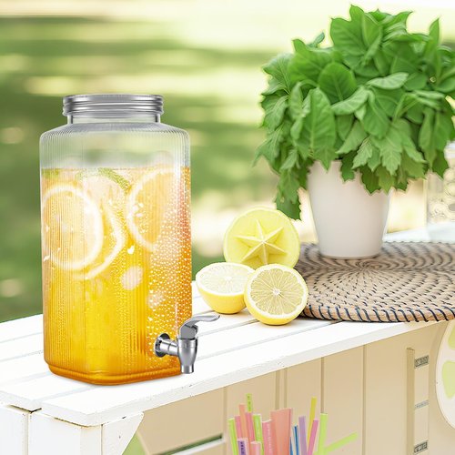 FillTouch 2 Pack 2 Gallon Glass Drink Dispenser Glass Beverage Dispenser with Stand Spigot and Filter Leakproof Water Jar Clear Iced Drink Jug for Parties Juice Lemonade Picnics Fridge