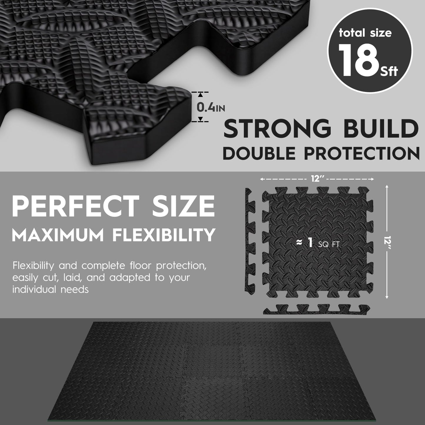 Haulcove 18 Tiles Puzzle Exercise Mat, EVA Interlocking Foam Floor Tiles, Non-Slip, Protective, Water-Resistant Flooring for Home Gym & Workout Equipment, 12.6" x 12.6" x 0.4", 18 Sq Ft, Black
