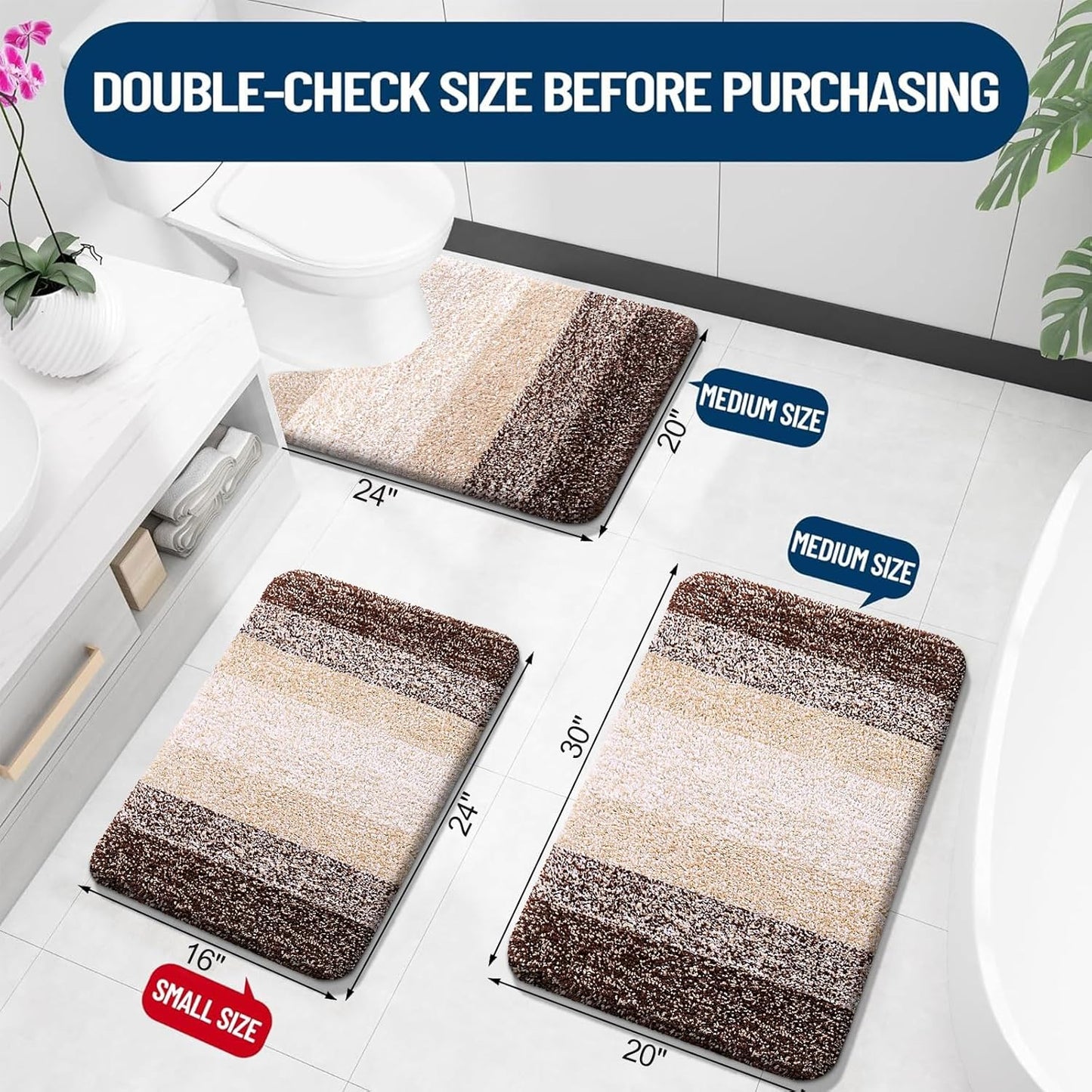 OLANLY Bathroom Rug Set - Soft Absorbent Microfiber Mats & U-Shaped Contour Rug | 3-Piece Brown Set (30"x20", 24"x16", 24"x20")