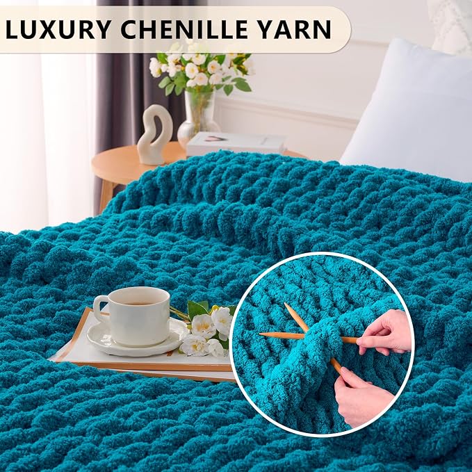 L'AGRATY Chunky Knit Blanket Throw: 60''x80'' Chenille Chunky Knitted Throw Blanket for Bed Couch - Handmade Thick Big Cable Knit Blanket - Large Crochet Rope Blankets for Home Decor(Teal)