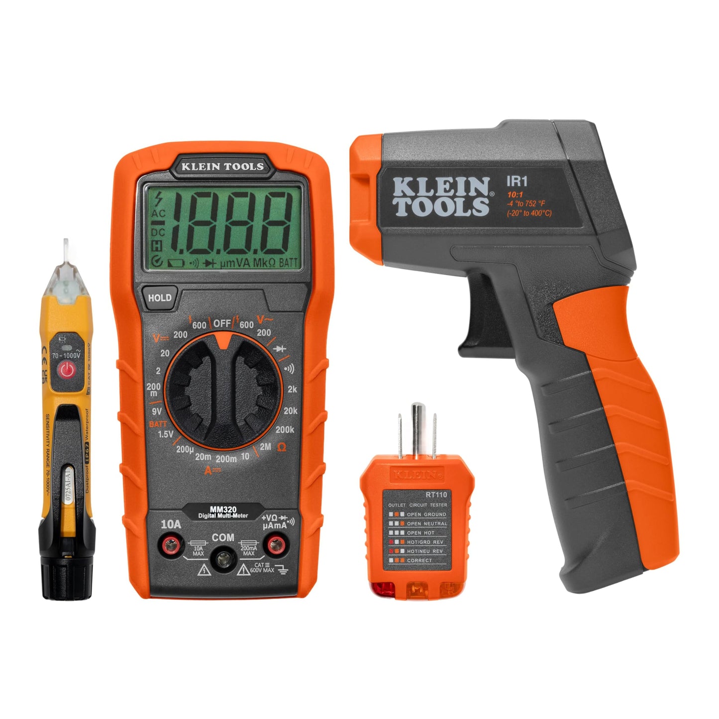 Klein Tools 80067 Electrical Test Kit with IR Digital Thermometer, Multimeter, Non-Contact Voltage Tester Pen and Receptacle Tester, 4-Piece
