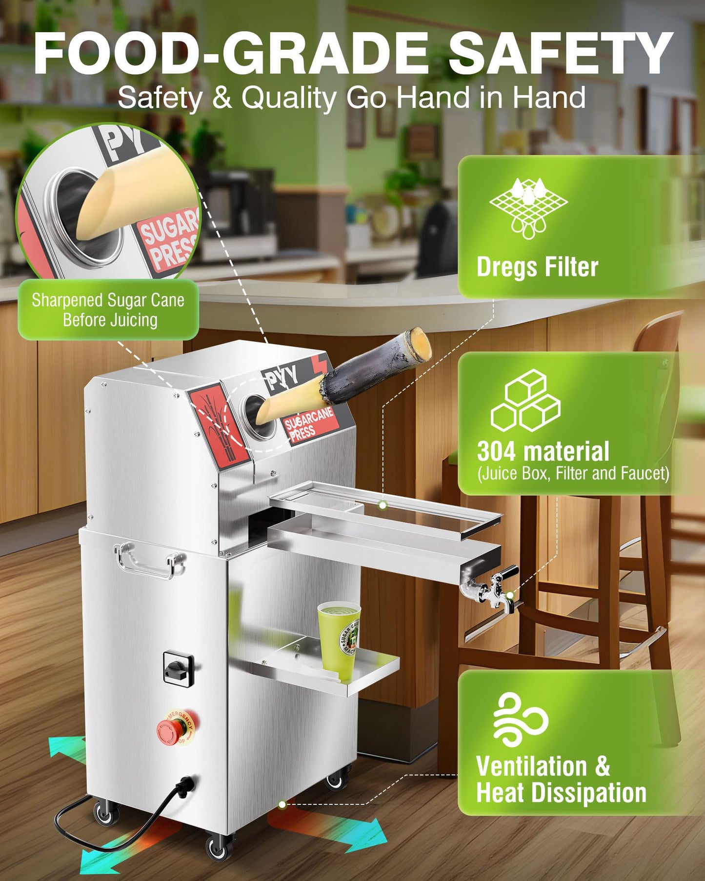 PYY Commercial Sugar Cane Juicer Machine - Electric 3-Roller Sugarcane Juice Press Stainless Steel Extractor, Sugarcane Machine with Cleaning Brush, 2 Peelers,Straws and Cups, 800W 110V 29Inch