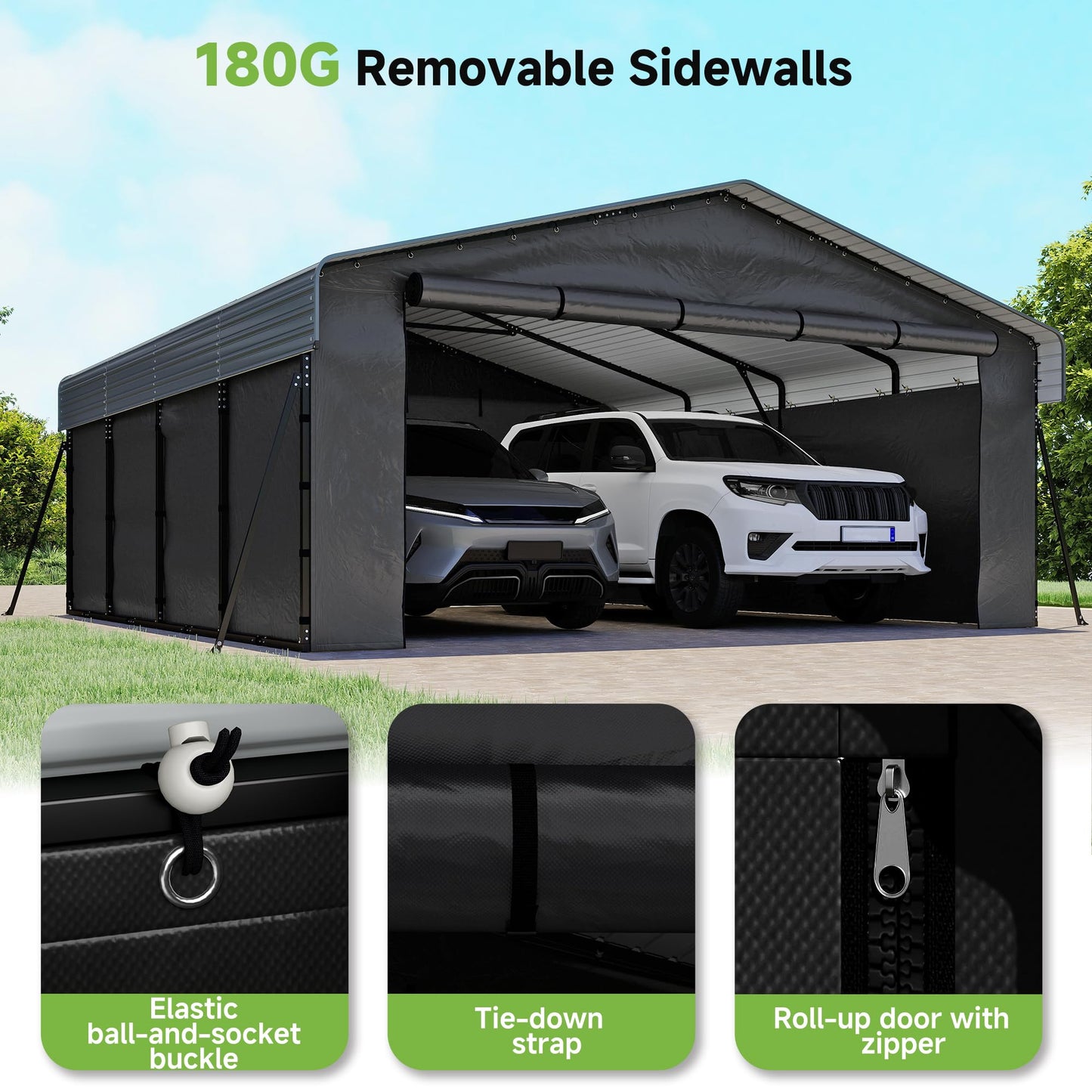 20x20FT Heavy Duty Metal Carport,Outdoor Garage with Removable Sidewalls & Doors, Heavy Duty Steel Frame and Galvanized Roof for Cars and Boats, Gray