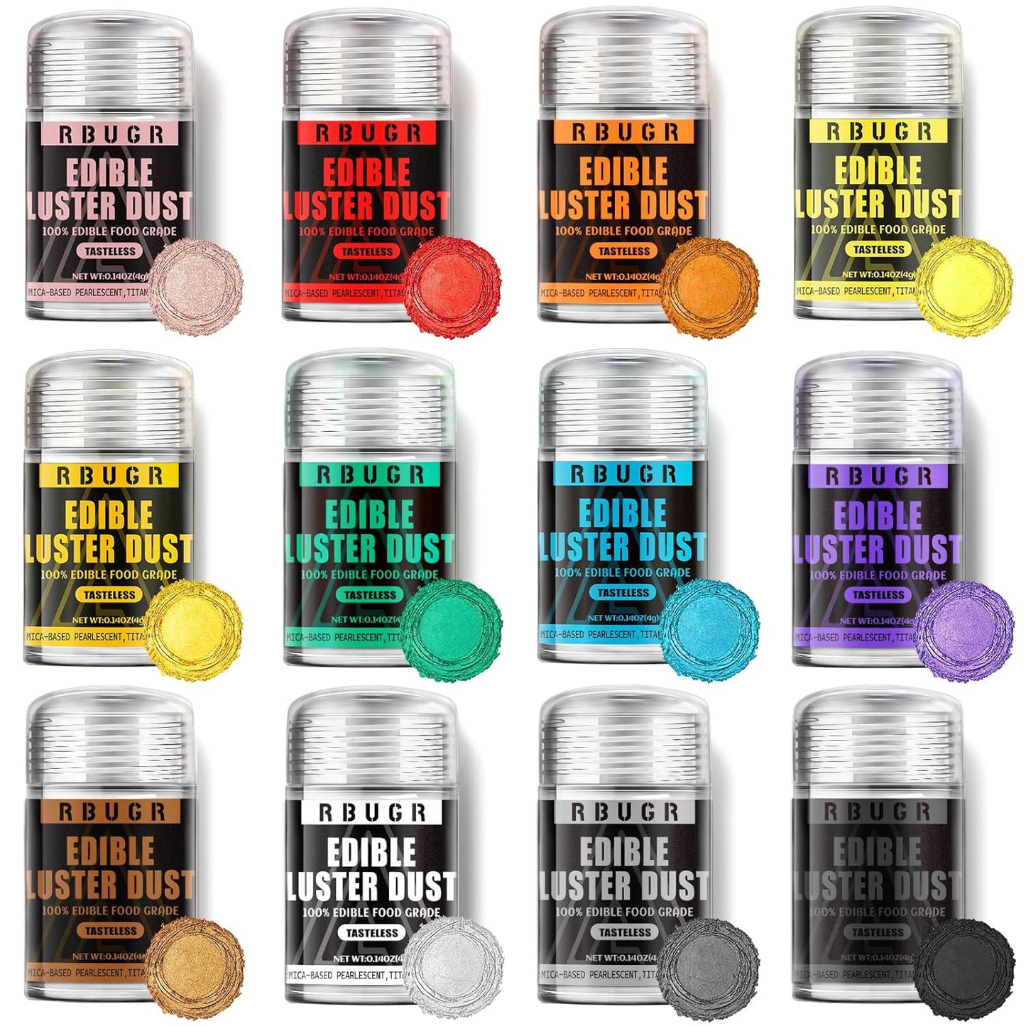 RBUGR Edible Glitter - 12 Vibrant Colors for Cocktails & Baking | Vegan Shimmer Powder (4g)