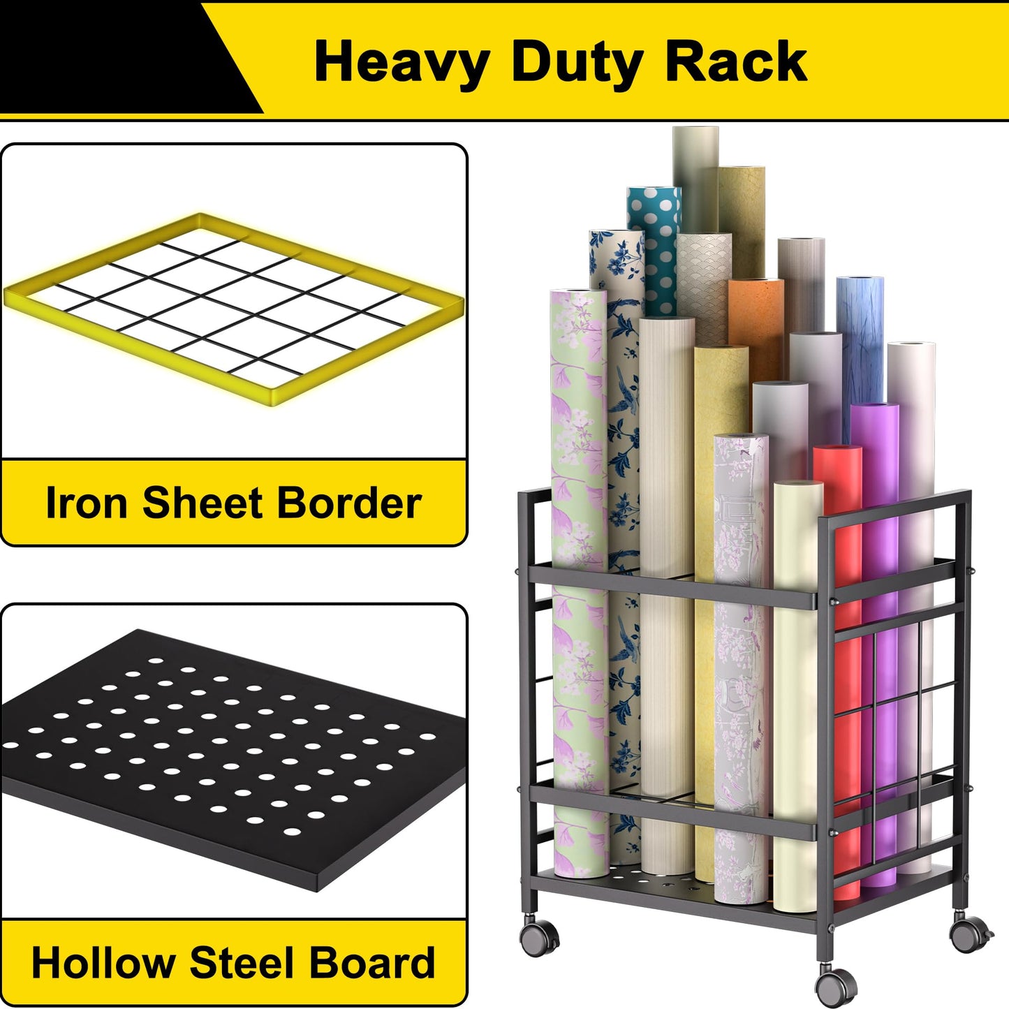 Blueprint Storage Rack, Blueprint Holder with Wheels, Used for Storing Blueprint/Carpet/Map/Poster/Architectural Construction Plan, 20 Slots(3.2" x 3.2"), Silent Wheel for Home, Office, School(Black)