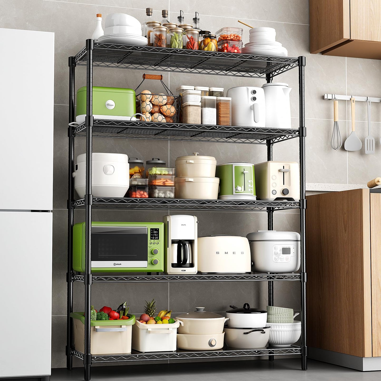 RackBro 48" W Garage Shelving 1875LBS Heavy Duty Wire Shelving Unit, Metal 5-Tier Adjustable Steel Storage Rack with Liners, Storage Tote Rack, 48" W x 18" D x 72" H for Garage Commercial, Black