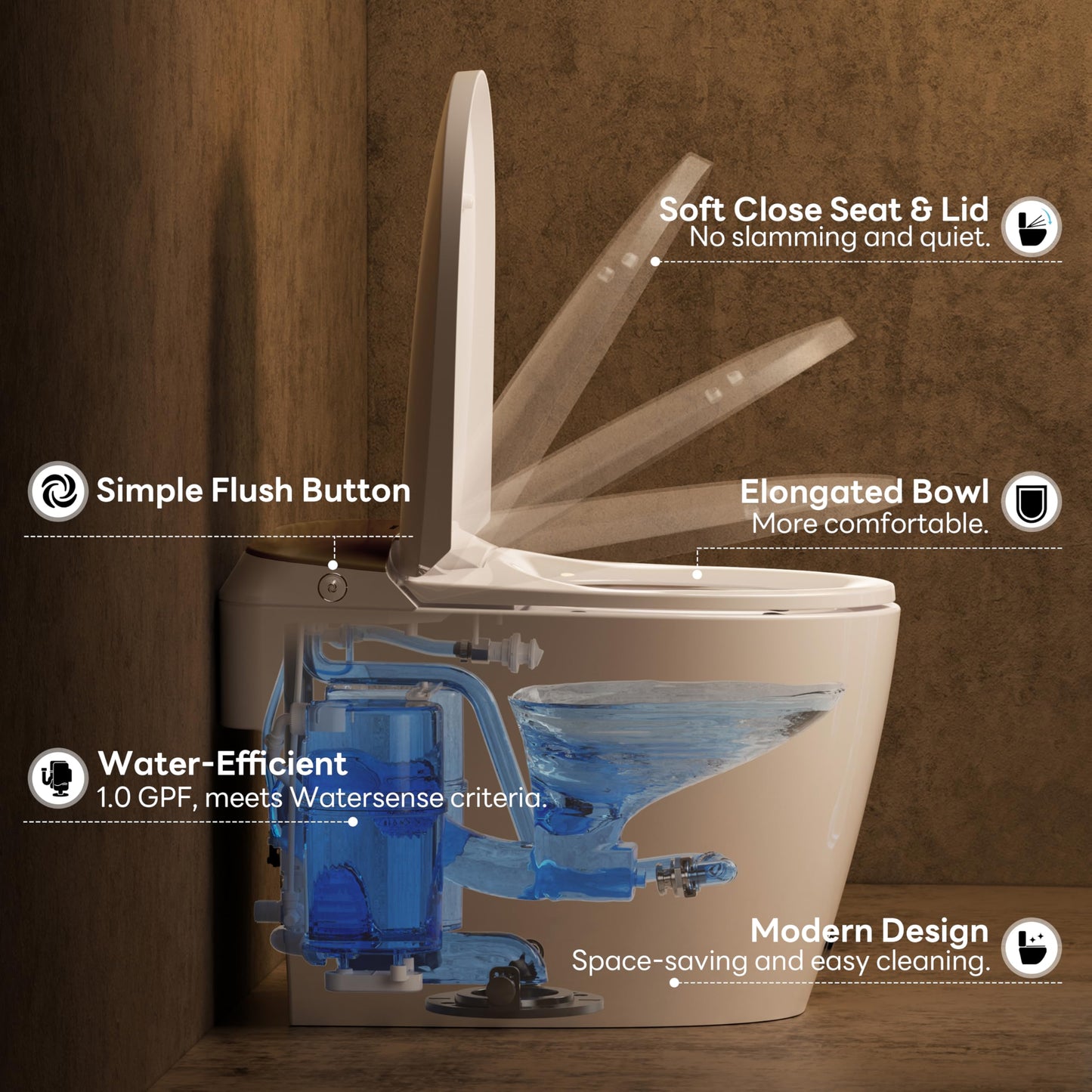 Casta Diva Elongated One Piece Toilet for Bathroom Modern Toilet 1.0GPF Button & Foot Kick Flush, Air Pressure Assisted Flush, 17.2" ADA Comfort Height Seat, Brushed Gold
