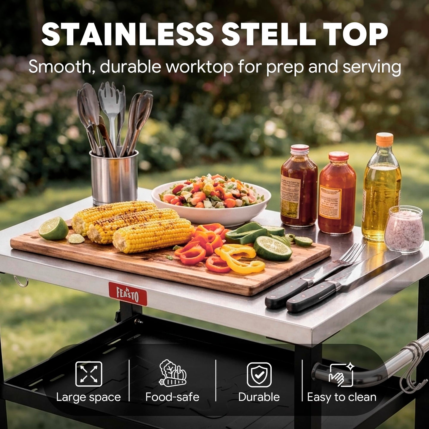 Feasto 3-Tier Outdoor Grill Cart, Rolling Pizza Oven Table with Compact 26.6" x 16.1" Stainless Top for Pizza Ovens & Griddles, Outdoor Bar Cart with S-Hooks for Patio Parties, Deck Dining & Camping
