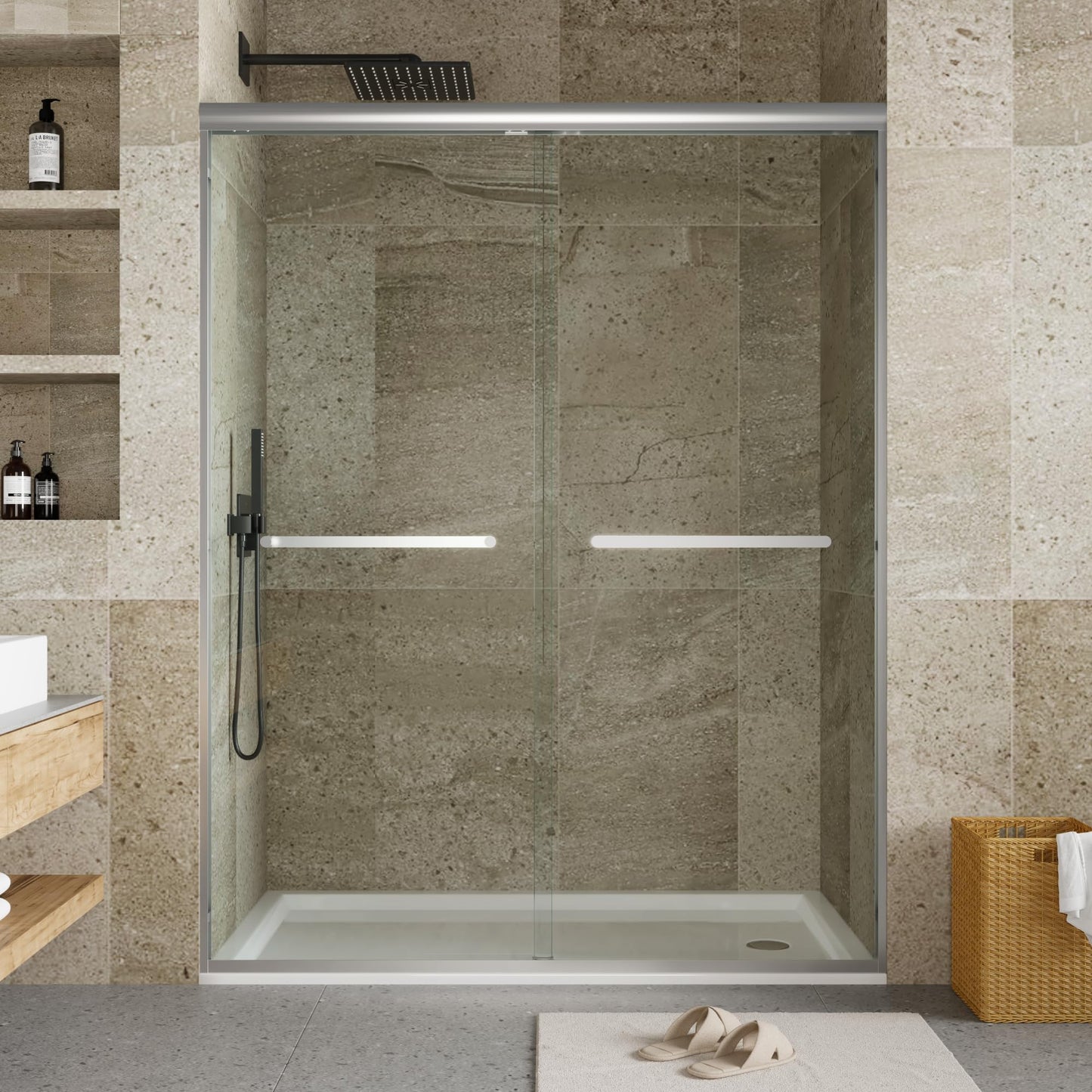 GarveeTech 44" - 48" W x 72" H Semi-Frameless Double Sliding Shower Door, Bypass Walk-in Shower Enclosure with 1/4" Tempered Glass, Silver Finish