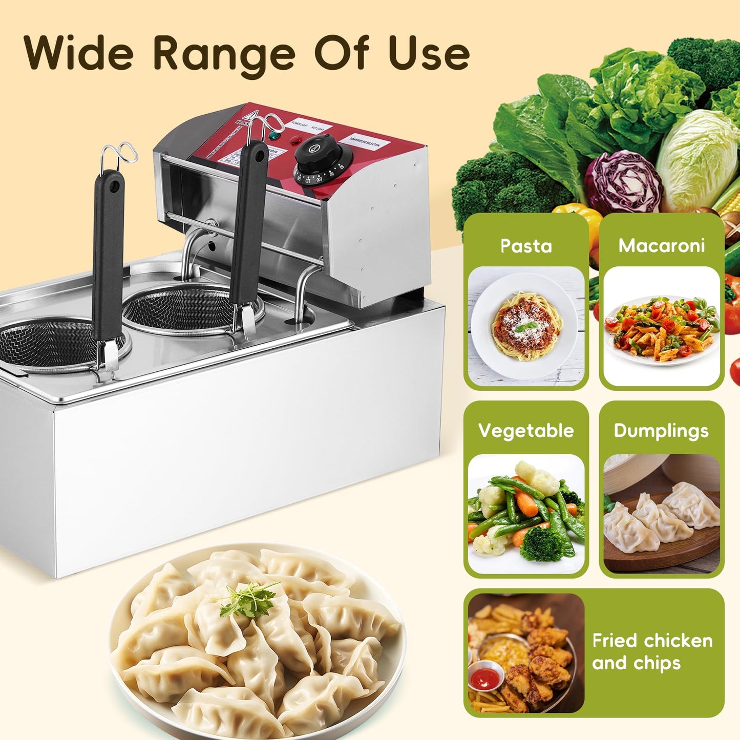JIAWANSHUN 2 Holes Commercial Pasta Cooker,110V Stainless Steel Noodle Maker, Adjustable Temp (60-200℃/140-392°F), Fast Cooking for Restaurant Dumplings Vegetables