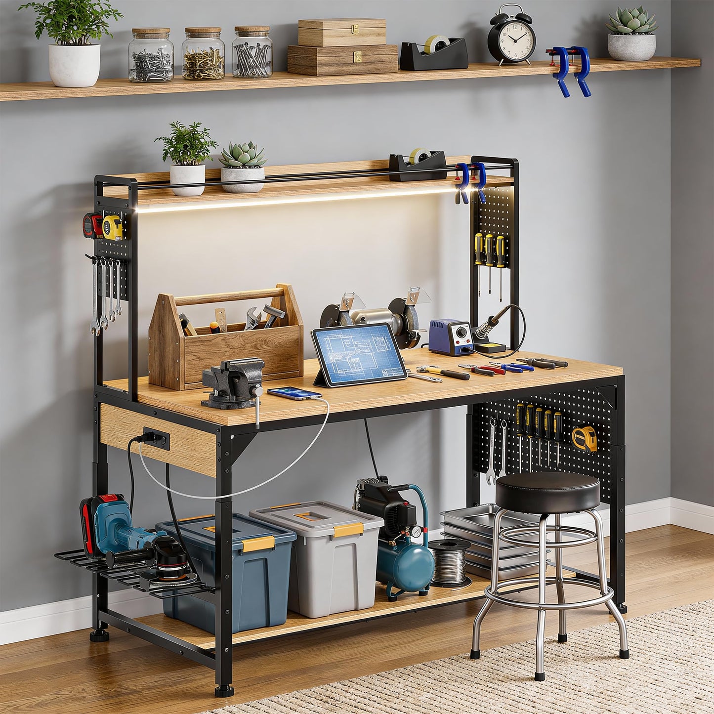 DWVO 59in Large Adjustable Height Workbench with Pegboard, 1100lb Heavy Duty Work Bench on Wheels, 59"x31" Work Table with AC/USB Outlet, Storage Shelf, LED Light, Hooks, for Garage, Workshop, Home