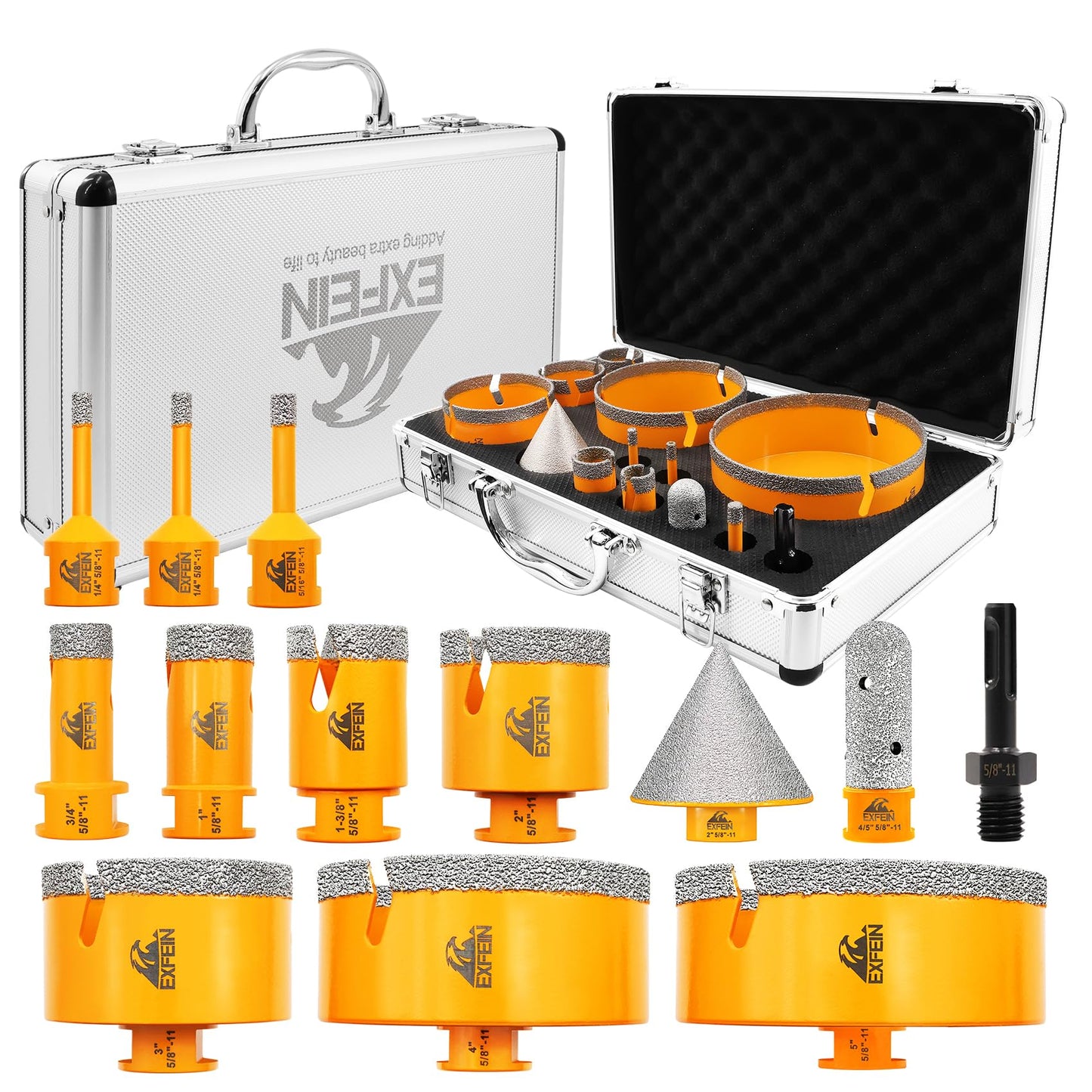 EXFEIN Tile Hole Saw Kit 13pcs - Diamond Core Drill Bits 6/6/8/19/25/35/50/75/102/125mm for Tile Porcelain Marble Granite with 20mm Diamond Finger Bit and 2" Chamfer Bit Trimming Hole and SDS Adapter