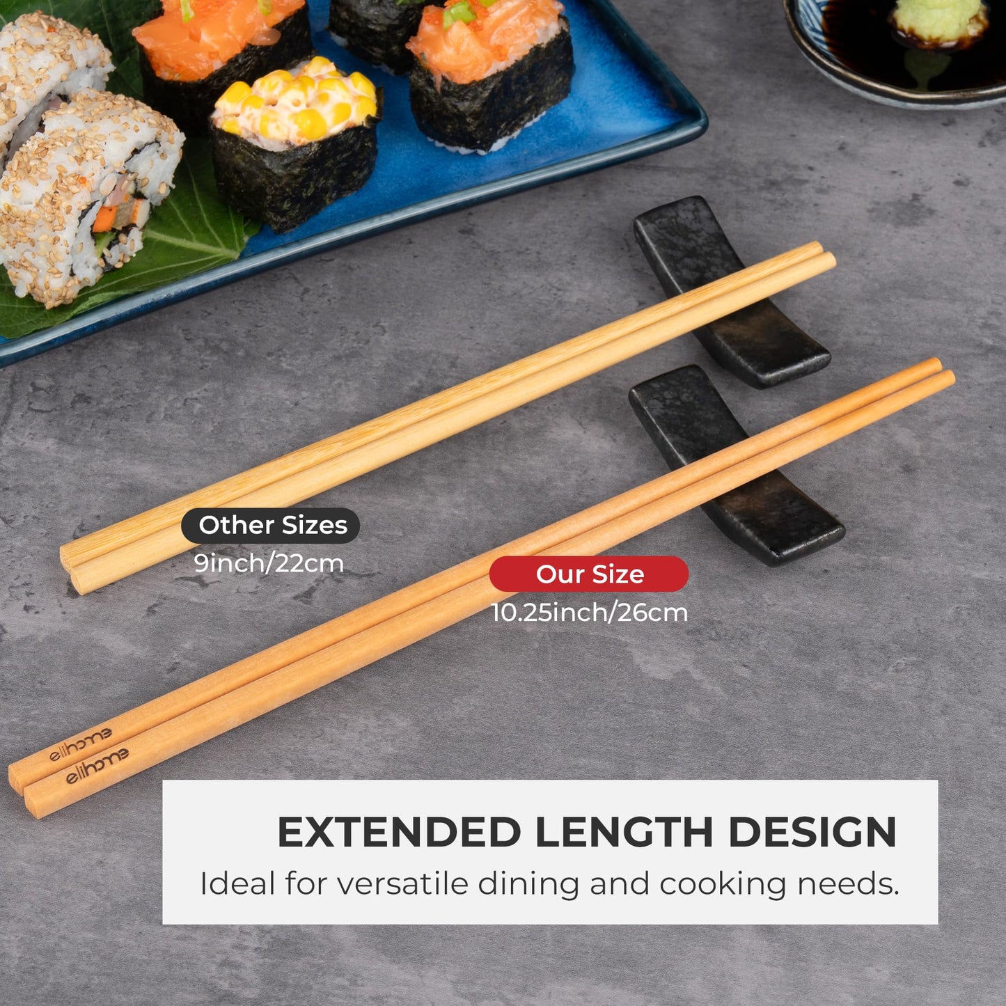 Elihome Premium Wood Fiber Chopsticks, Dishwasher Safe, Heat Resistant, Reusable Japanese Chinese Chopsticks, 26cm/10.25inch, Natural, 8 Pair