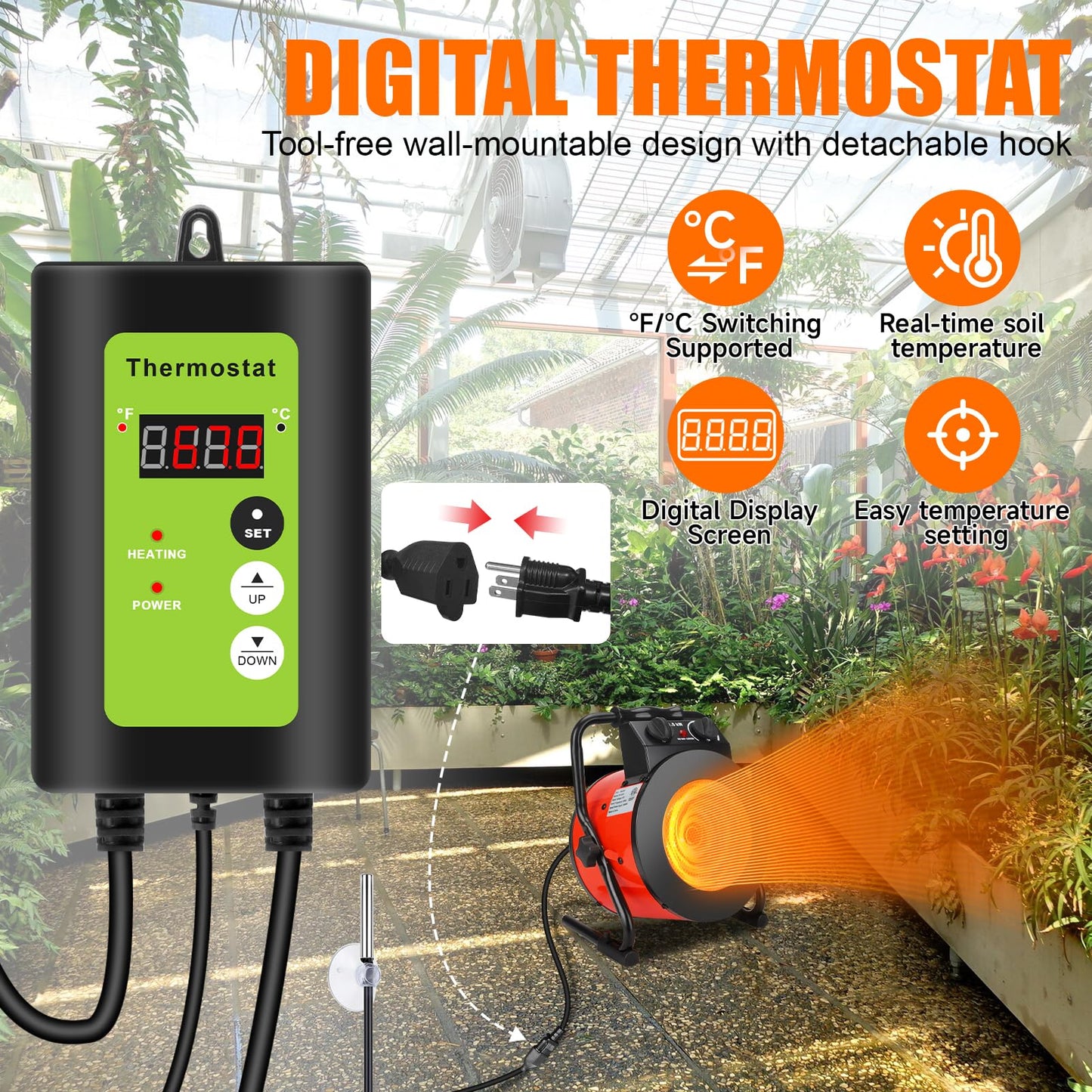 Greenhouse Heater with Thermostat, Outdoor Heaters for Patio, Fast Heating, Overheat Protection, Electric Space Heaters for Winter Plants, Grow Tent, Green House, Flower Room, Garage, Patio