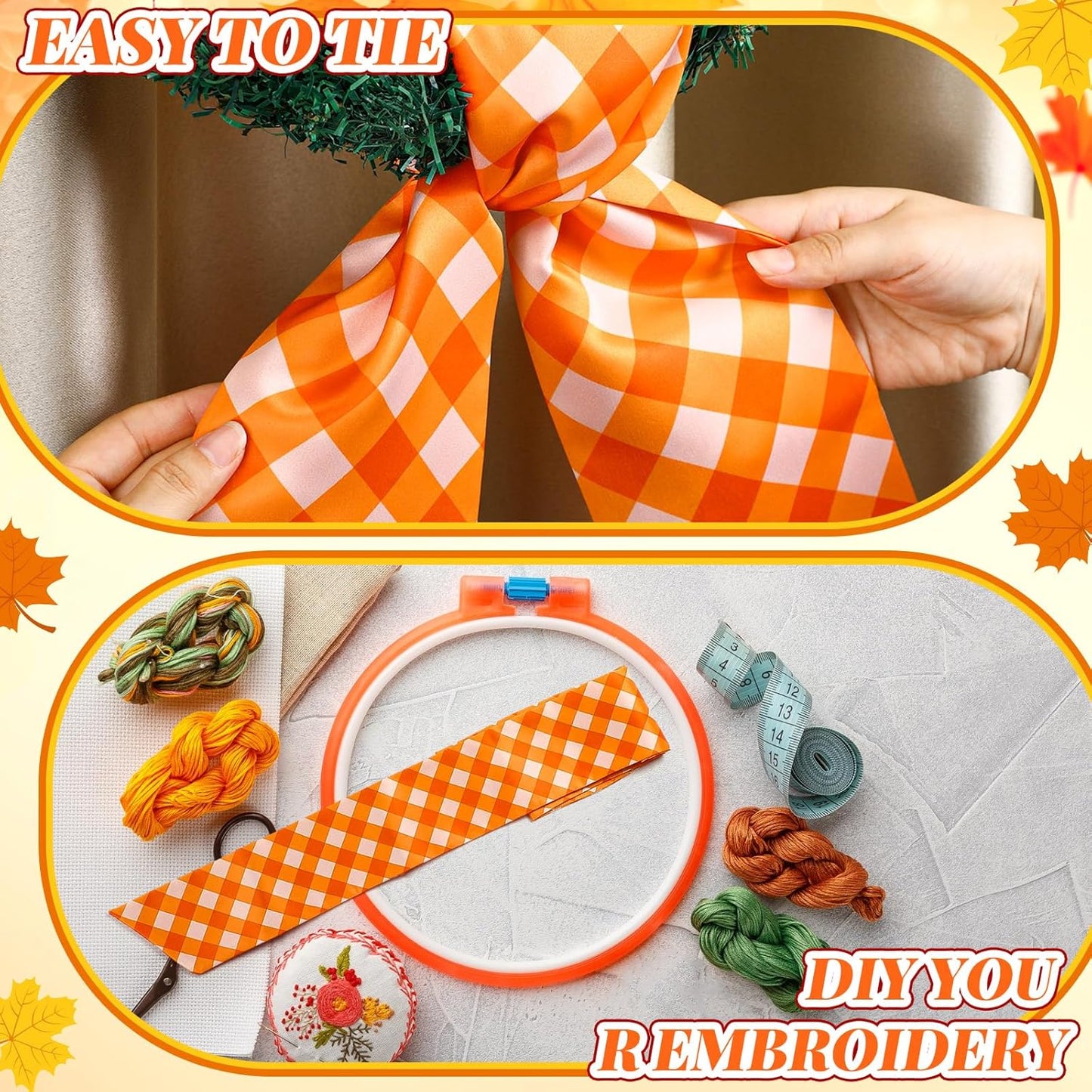 VitalCozy Fall Check Wreath Sash - Satin Embroidery Monogram Ribbon for Indoor/Outdoor Decor