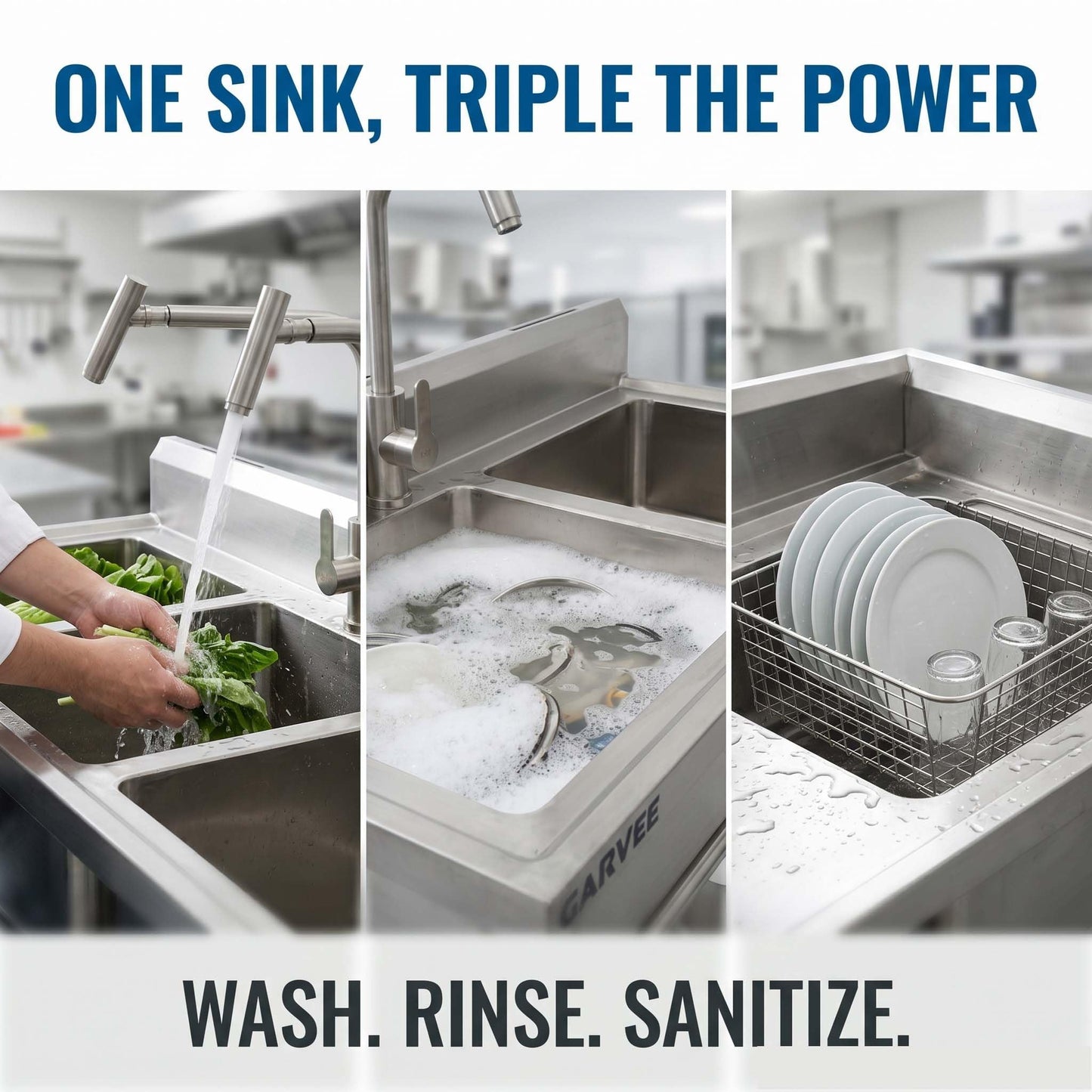 Utility Sink Freestanding Three Bowl Stainless Steel Sink, 39 x 18 x 36 Inch, No Drawer Stand and Two T-Shaped Faucets, Laundry Sink for Kitchen, Bathroom, Garage and Patio