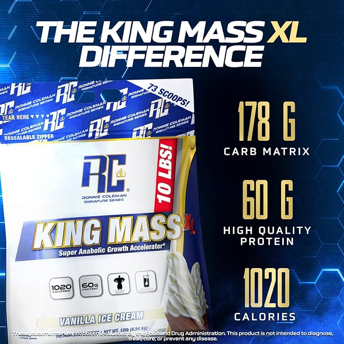 Ronnie Coleman Signature Series King Mass XL Mass Gainer Protein Powder ??Vanilla Ice Cream Weight Gainer with 60g Protein, 180g Carbohydrates, 1,000+ Calories, Creatine & Glutamine ??10 Pound