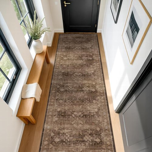 Hazo Haus Brown Boho Washable 3x12 Extra Long Hallway Runner Rug - Waterproof, Non-Slip & Stain Resistant