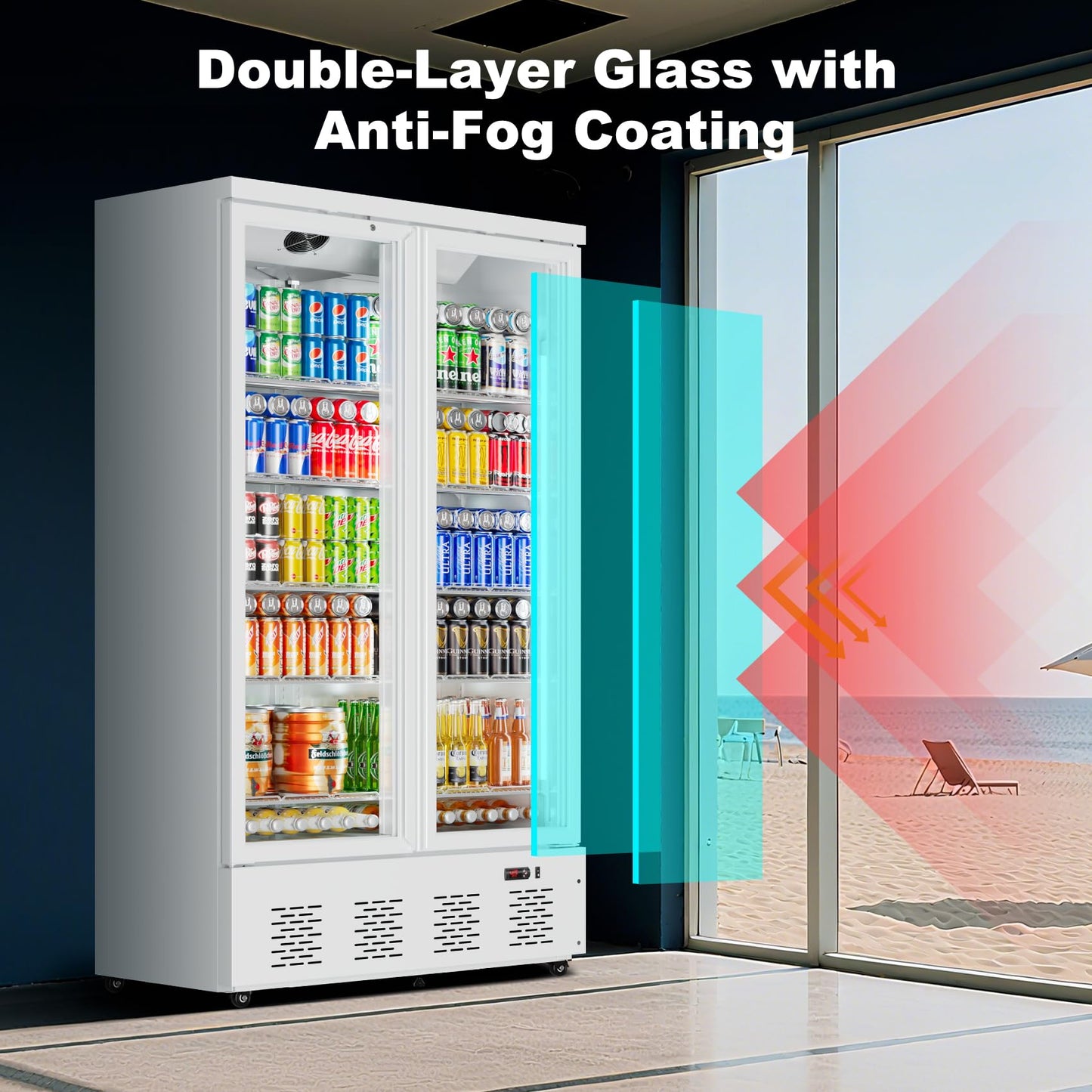 ECEVT 41.4''W White Commercial Refrigerators, 30.5 Cu.Ft 2 Glass Door Commercial Beverage Refrigerators Upright Display Cooler with LED Light and 10 Adjustable Shelves for Restaurant Stores