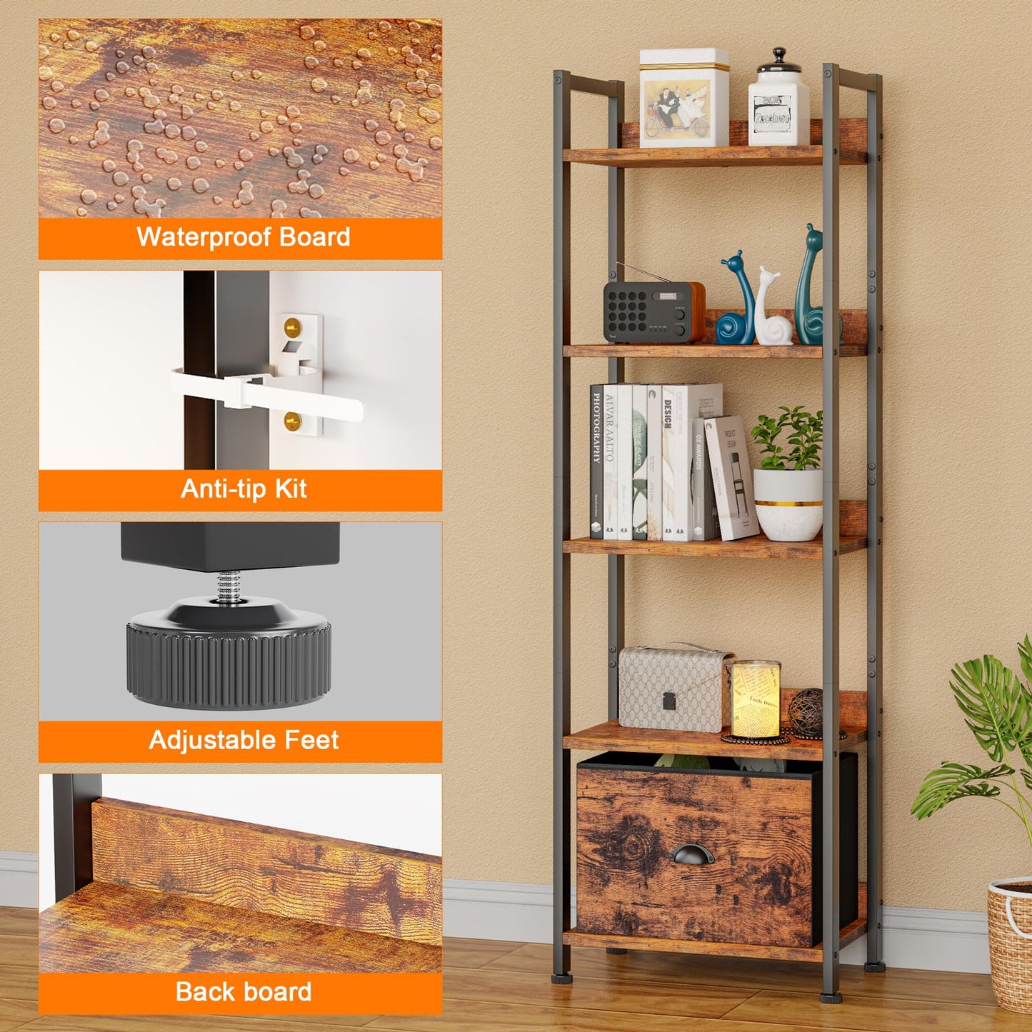 Furologee 5 Tier Bookshelf with Drawer & Console Table with Charging Station, 3 Drawers and LED Light