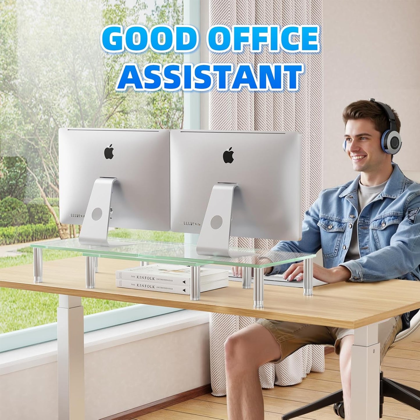 2 Simple Trending Dual Monitor Stand Riser, Computer Office Desktop Organizer for Monitors with Tempered Glass