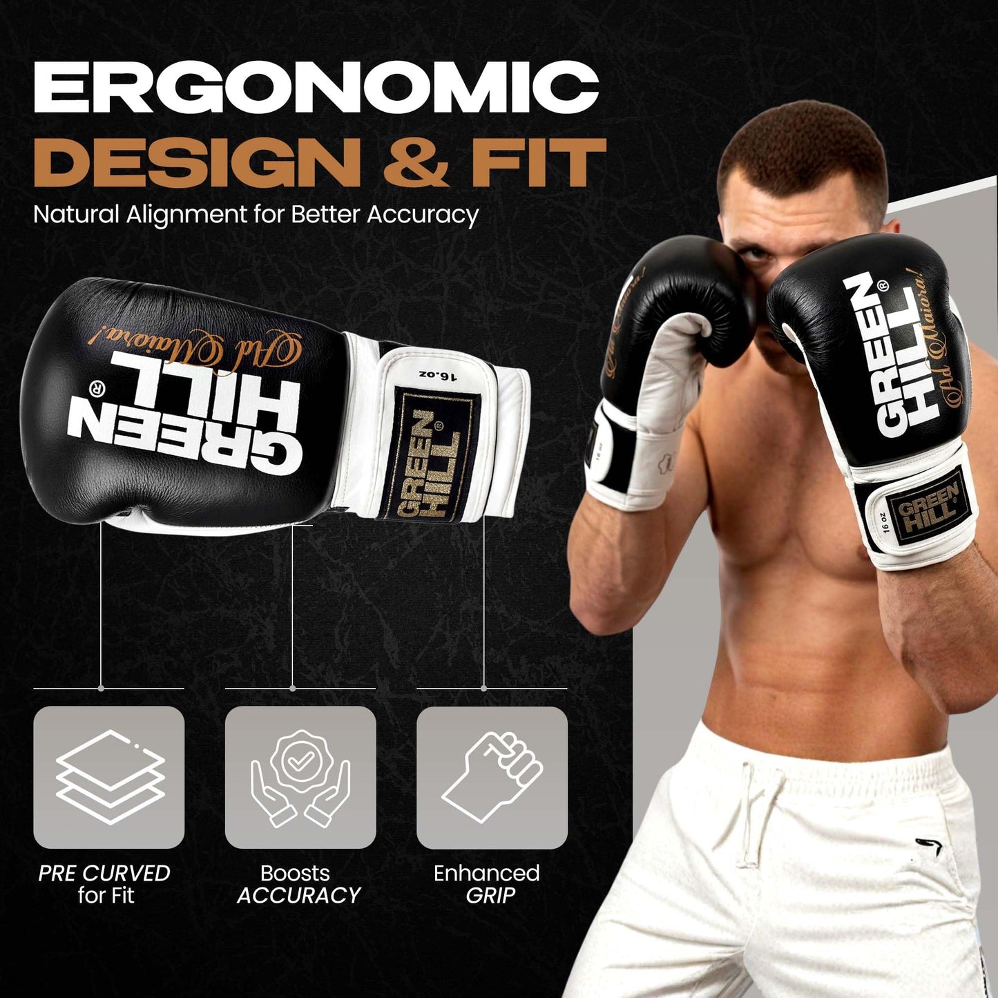 Green Hill Legend Boxing Gloves – Professional Leather Training & Sparring Gloves for MMA, Muay Thai & Kickboxing –Wrist Support, Breathable Design - Black/White 16oz