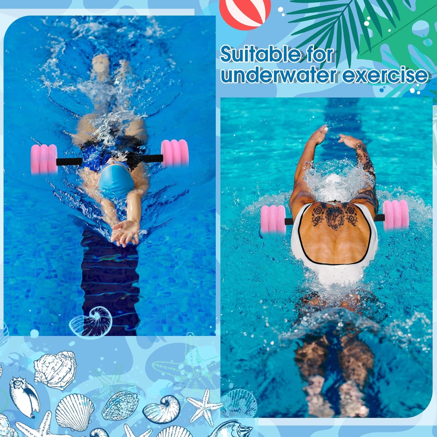 Soulchen Long Aquatic Exercise Dumbbells Foam Water Weights Dumbbell Aquatic Pool Barbells with High Density EVA Foam for Swim Water Aerobics Workouts Loss(Pink,25.2 Inch)