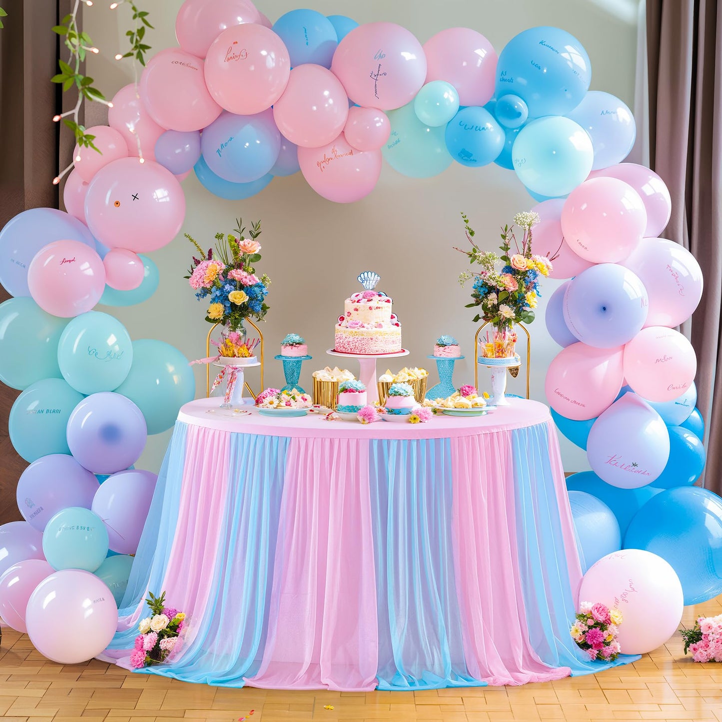 Besutolife Blue Pink Tablecloth for Round Tables 6ft Tulle Table Skirt for Baby Shower Birthday Party Dining Table Buffet Parties Camping