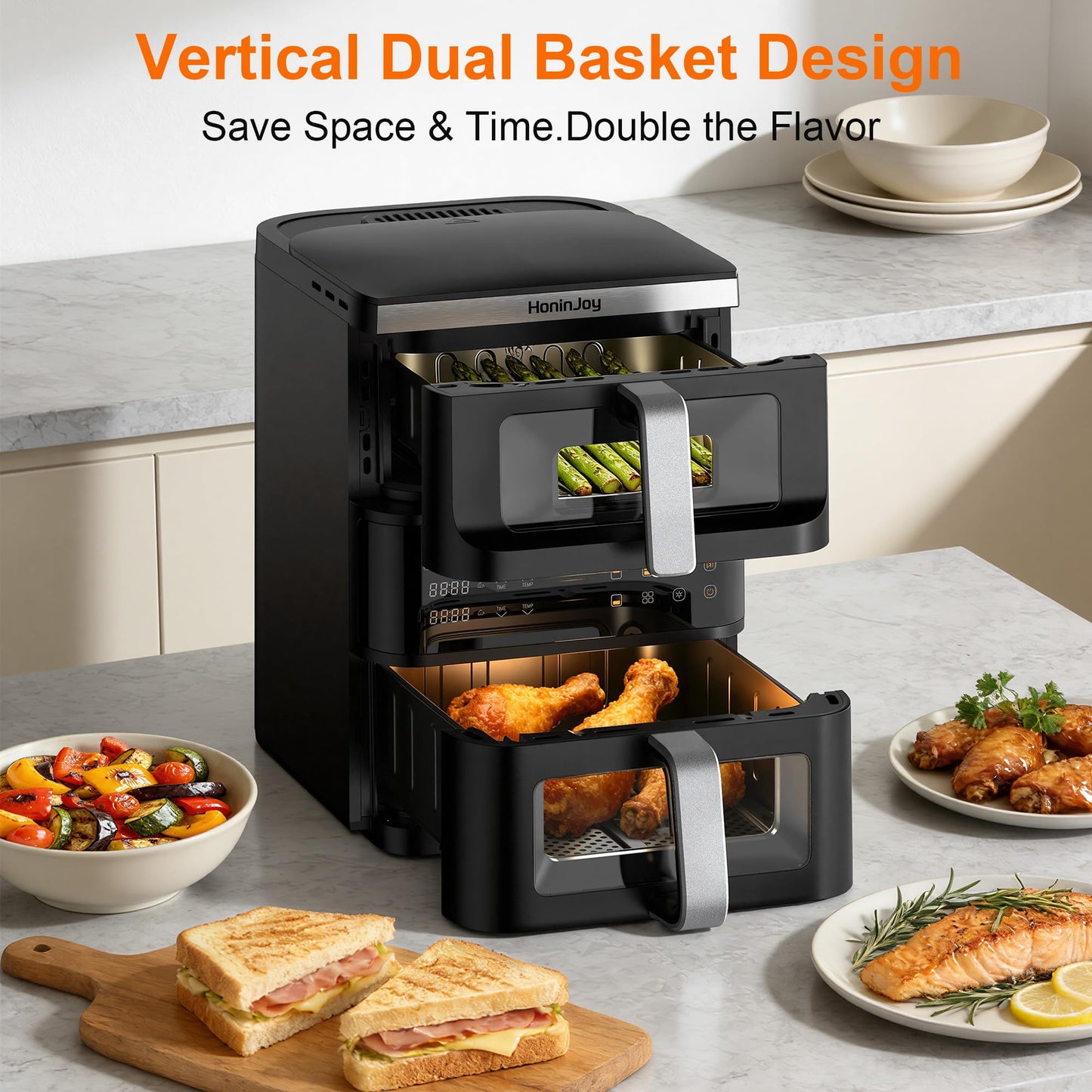 13QT Dual-Basket Air Fryer, Vertical Compact Large Air Fryers with viewing window & Independent Light, 10-in-1 Presets for Home Family, Bake/Grill/Dehydrate/Reheat, Freidora De Aire Dishwasher-Safe