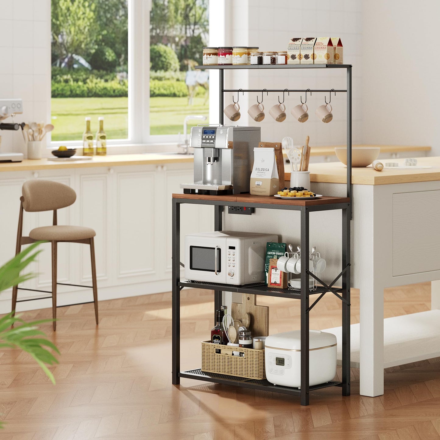 Txecpro kitchen Bakers Rack with Power Outlet, Coffee Bar Table 4 Tiers, Microwave Stand with 6 S-shaped Hooks, Kitchen Storage Shelf Rack for Spices, Pots and Pans，25.6" L x 12" W x 53.5" H