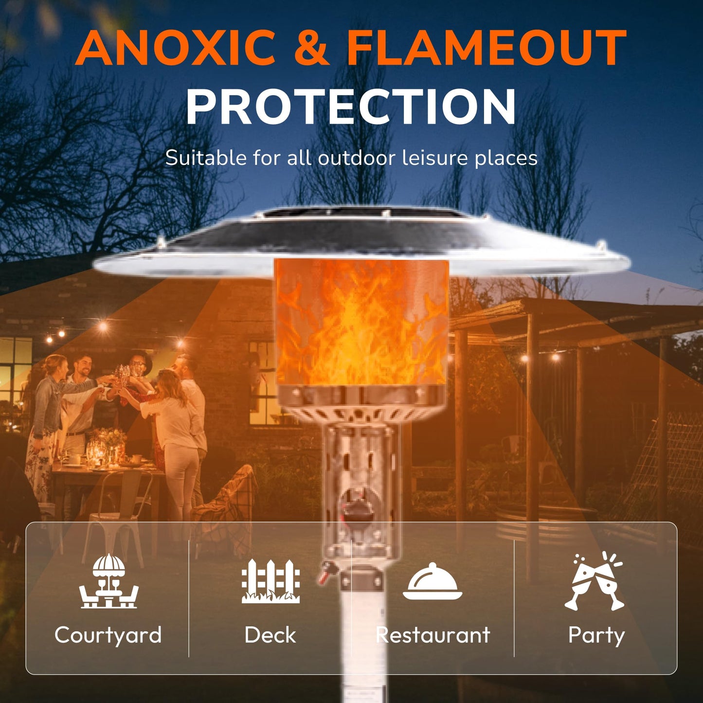 HEXAGO Outdoor Propane Patio Heater, 47,000 BTU Stainless Steel Standing Heater with Wheels, One-Touch Ignition & Adjustable Heat Control, Safety Auto Shut-Off System for Garden, Backyard & Restaurant