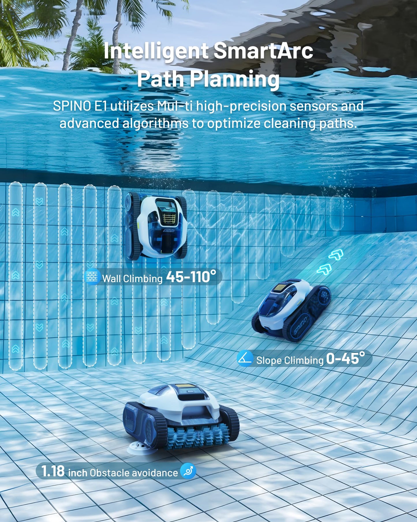 (2026 Upgrade) Spino E1 Cordless Robotic Pool Cleaner, Pool Robot for Wall & Waterline Cleaning, Smart Arc Path for Pools up to 1,600 Sq.ft, Up to 210 Mins Runtime, with 5 Modes, APP Control