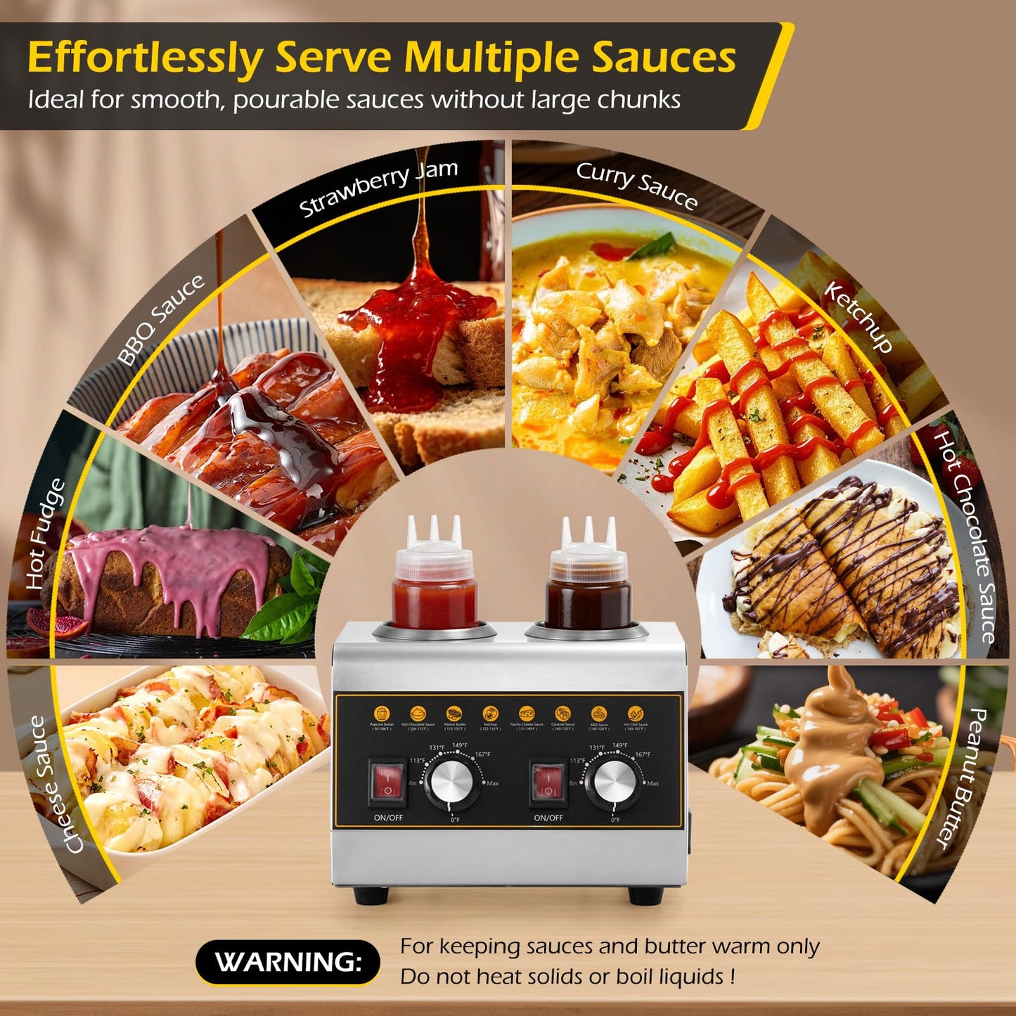 Dyna-Living Electric Sauce Warmer - 500W Nacho Cheese Warmer Dispenser with Removable Storage Rack, Commercial Sauce Bottle Warmers for Hot Fudge Ketchup Chocolate Cheese with 650ml Squeeze Bottle*2