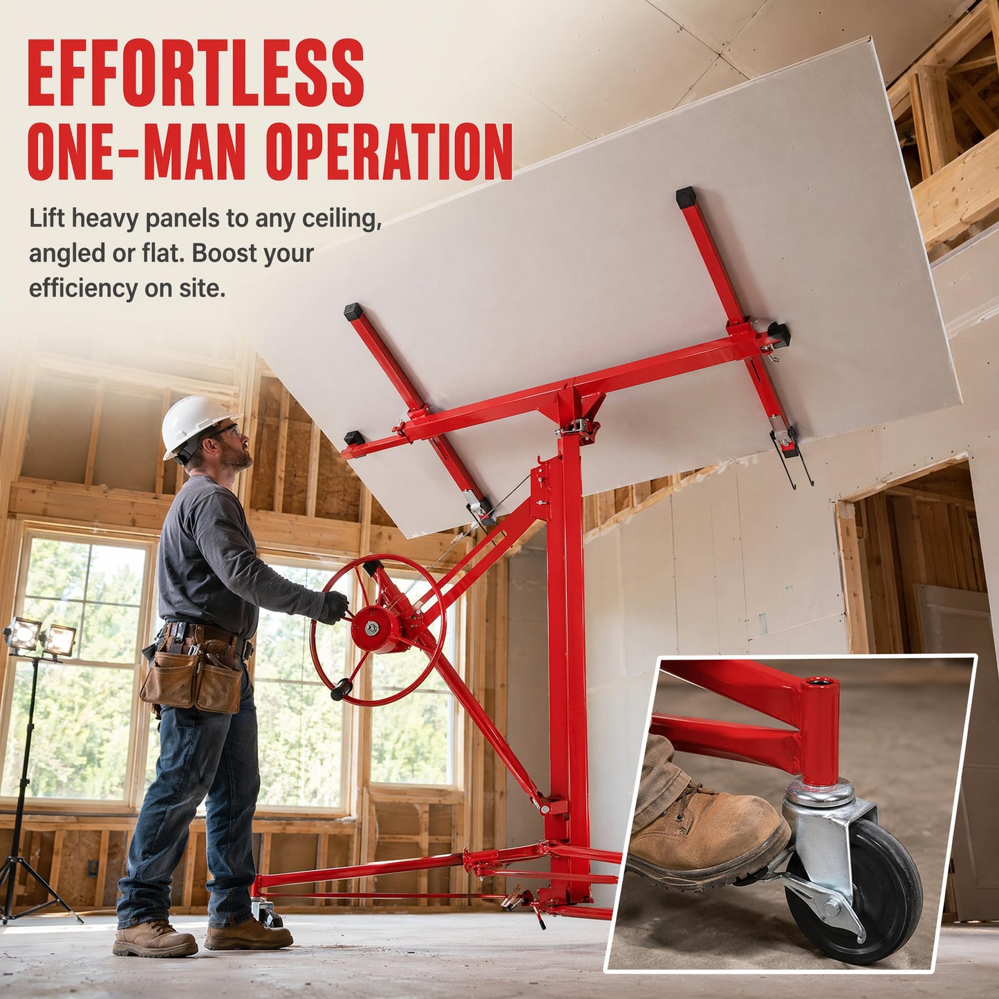 Winado 16 FT Drywall Lift Panel Rolling Hoist Jack Lifter Sheetrock, Drywall Lifting Construction Tools Caster Wheel with Adjustable Telescopic Arm, Red