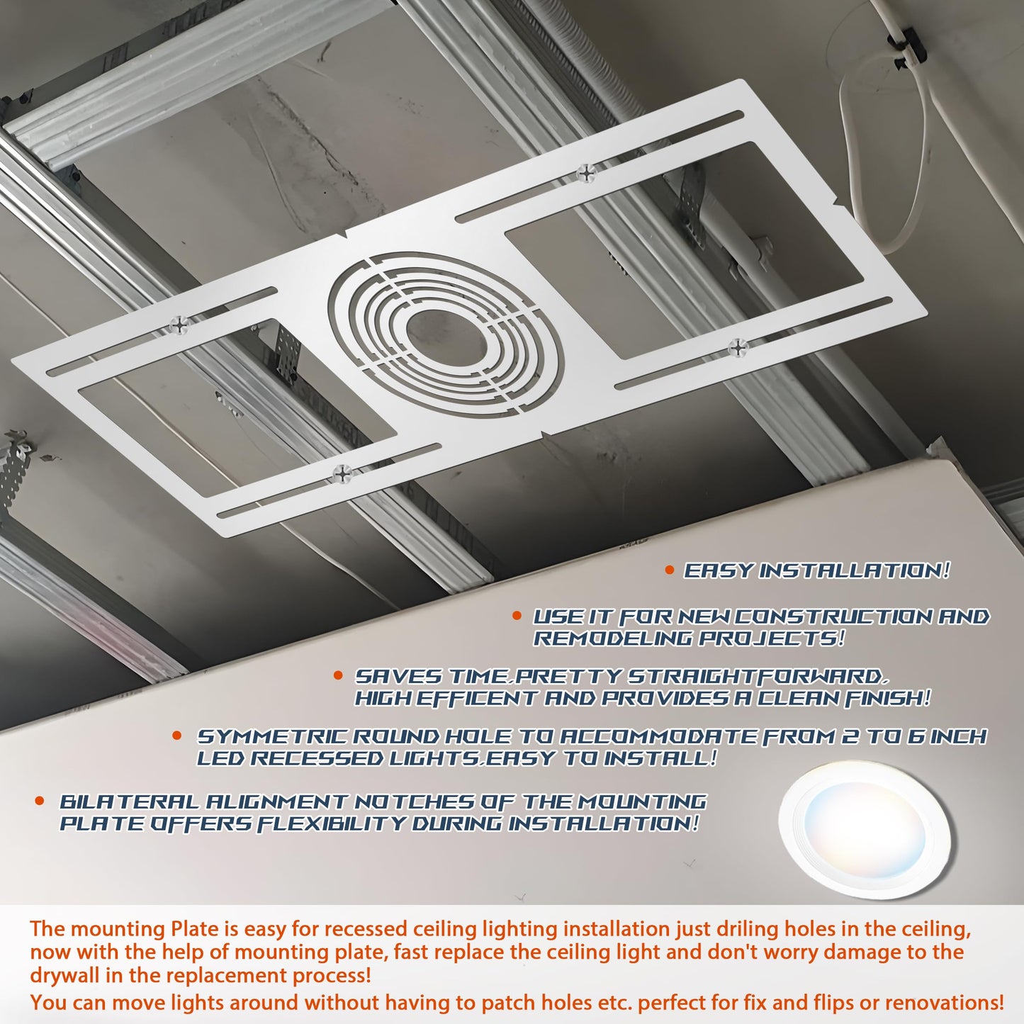 New Construction Mounting Plate, 2-3-3.75-4-5-6 Inch, 48pc, LED Recessed Lighting Housing Plate for New Construction and Remodeling, Shallow Recessed Led Lighting Plate