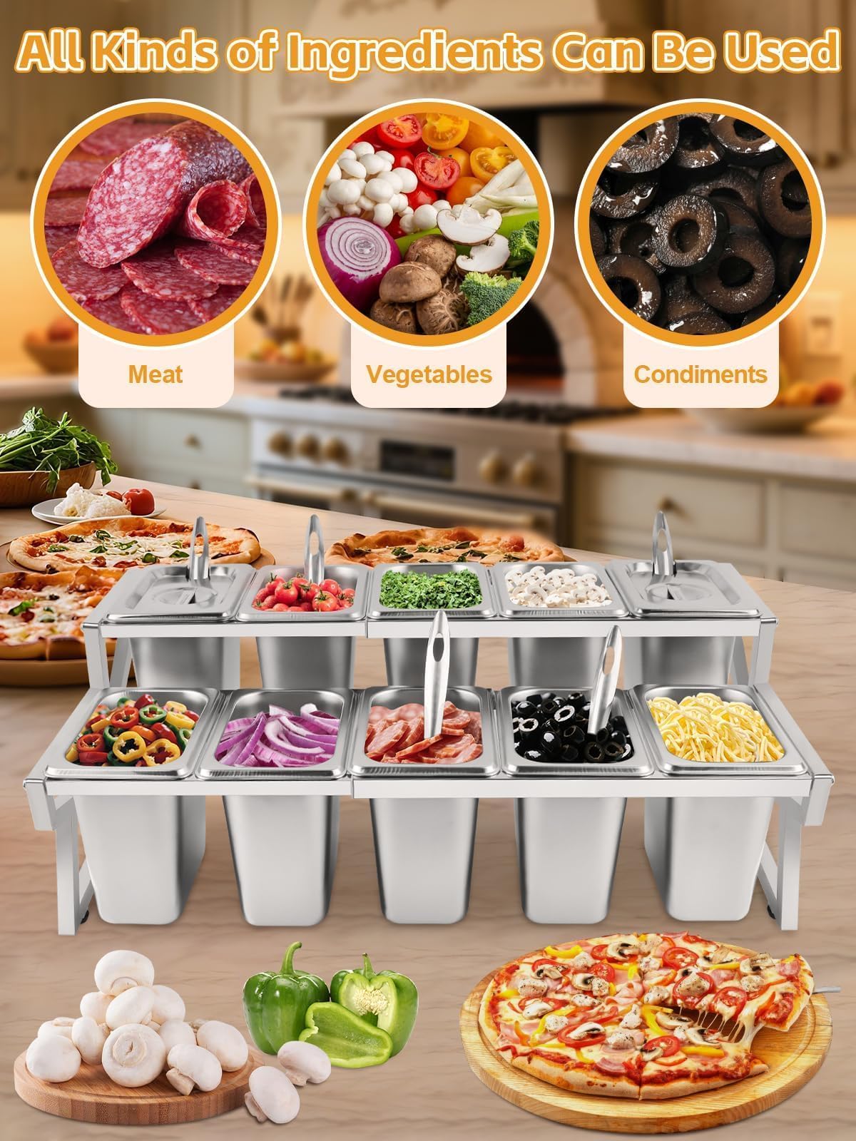 Kalolary 10 Pans Pizza Topping Storage Station, 2 Row Adjustable Stainless Steel Condiment Containers with Lids Spoons Ice Food Serving Display Container Salad Bar Buffet Station for Home Kitchen