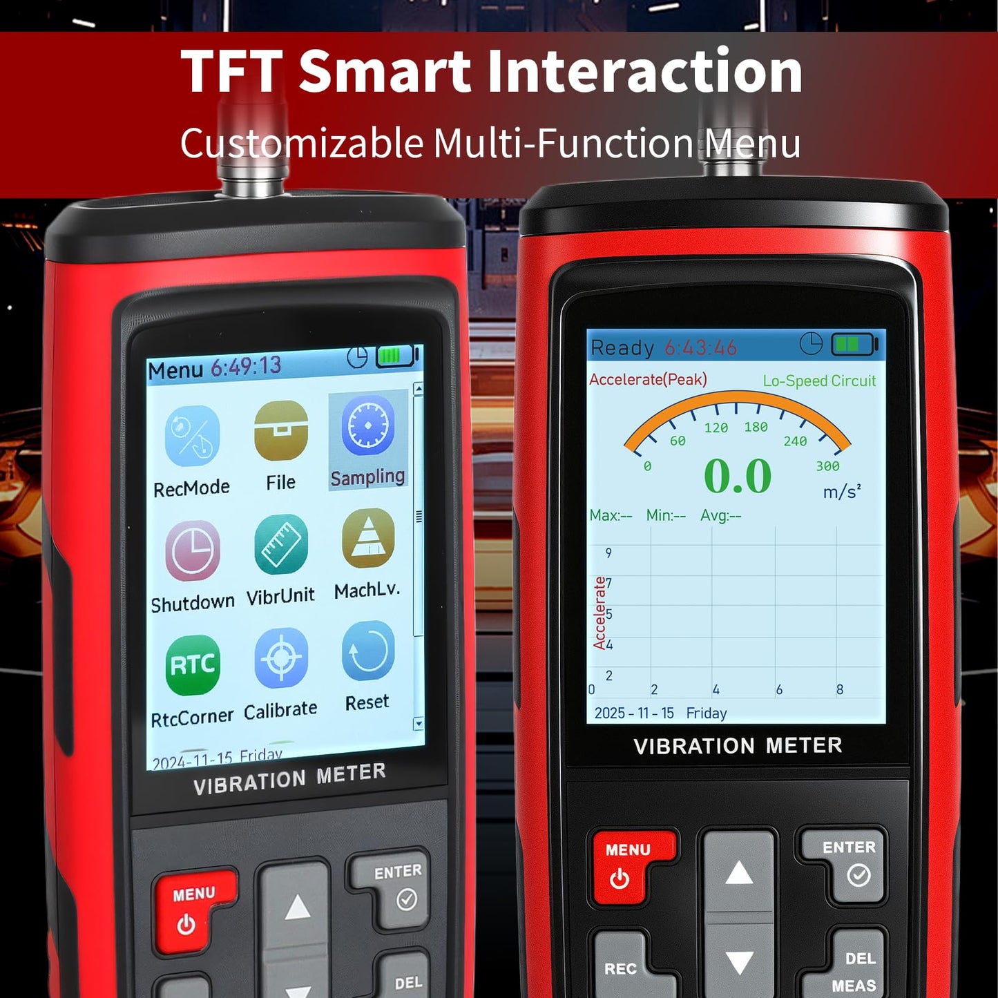 CHENNTAI Portable Digital Vibration Meter, with TFT Smart Screen 397000 Data Storage for Accurate Measurement of Acceleration Velocity Displacement Frequency Temperature