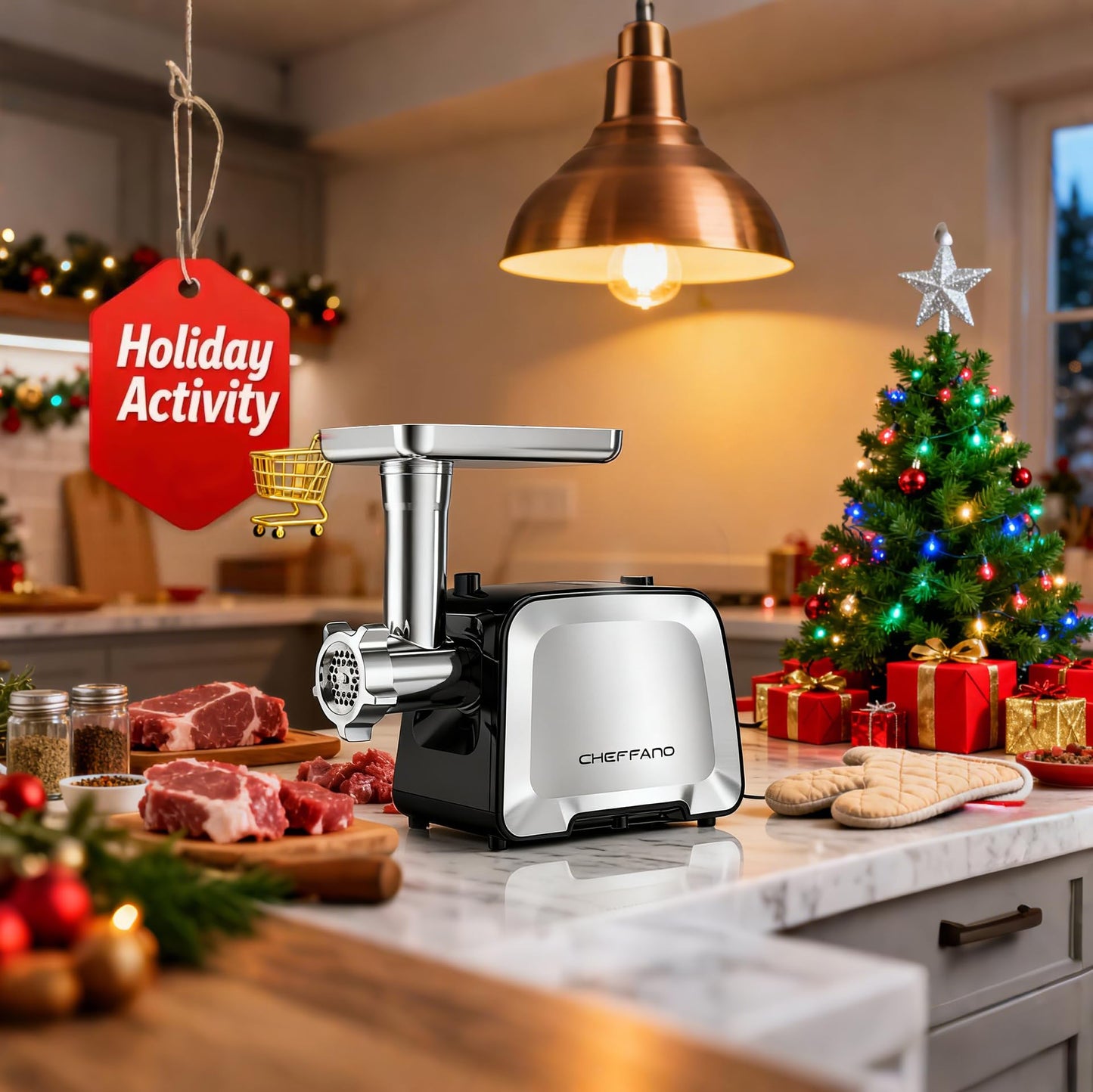 CHEFFANO Life Electric Meat Grinder, Stainless Steel Sausage Stuffer Maker With 2 Blades, 3 Plates, Sausage Tube & Kubbe Kit, [2000W Max] Heavy Duty for Home Use