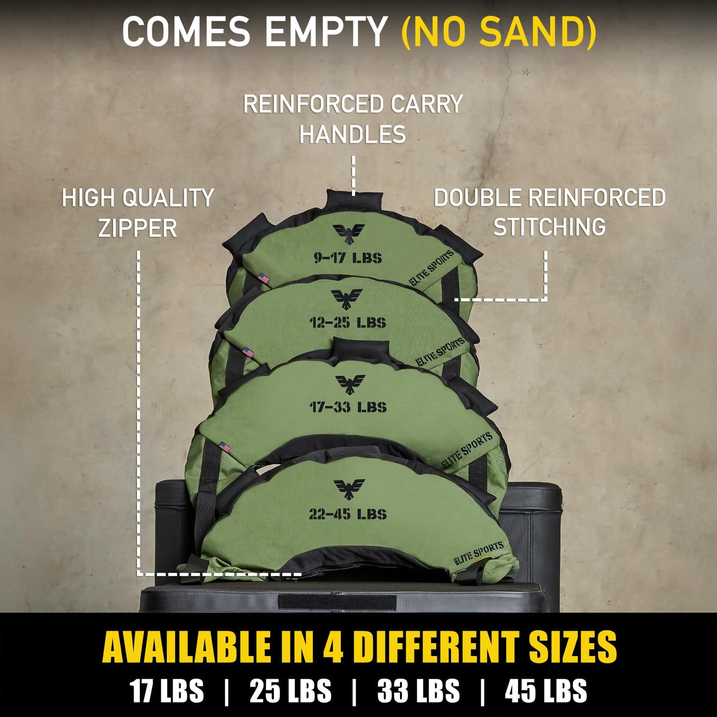 Elite Sports Bulgarian Canvas Bag, Fitness Canvas MMA Gym Cross Workout Training Sandbag 17, 25, 33, 45 lbs (UNFILLED) (Forest Green, 17 LBS)